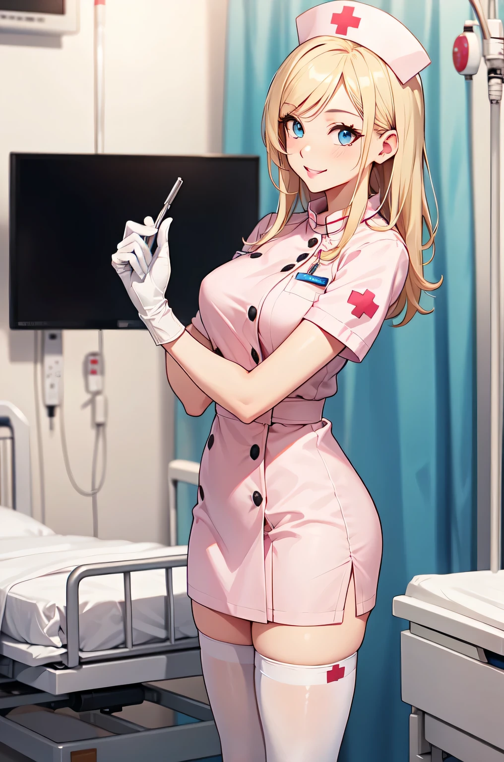 1woman, solo, nurse, white nurse cap, white nurse uniform, ((white legwear, zettai ryouiki)), white gloves, blonde hair, blue eyes, pink lips, smile, standing, ((hospital room)), sharp outline, short sleeves, mature female, 35 years old, best quality, masterpiece