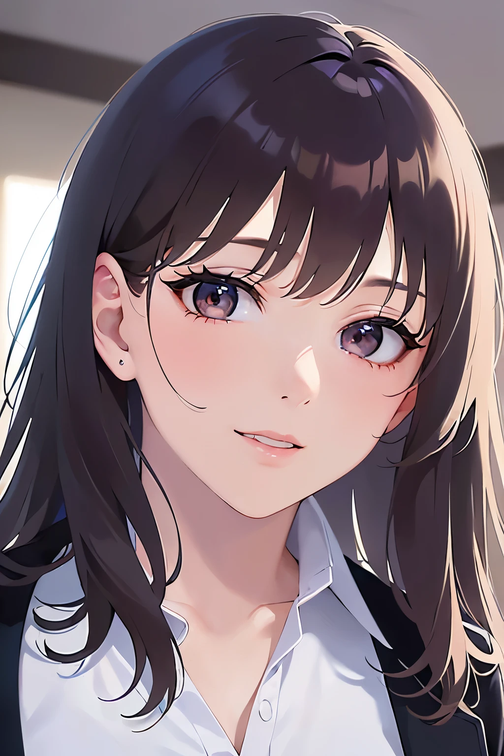 Anime girl with long black hair and blue eyes in a white shirt - SeaArt AI