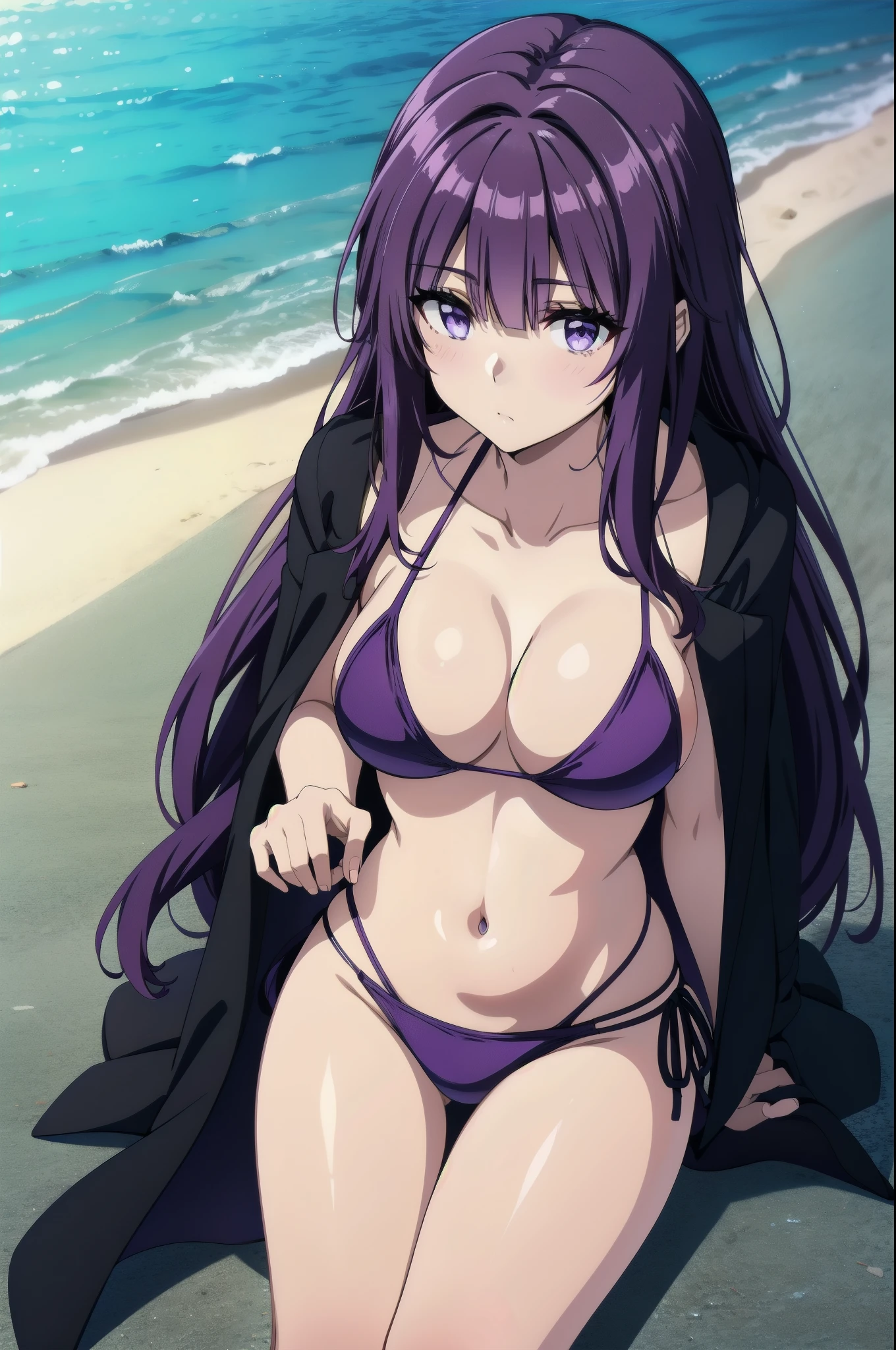 purple hair,purple eyes,(((bikini)))