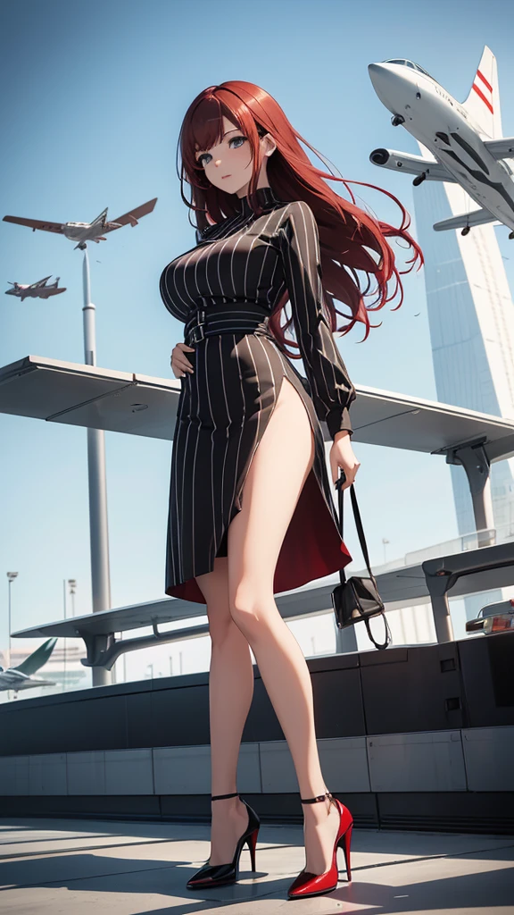 Beautiful Woman, Full Body, Dark Red Hair, White Vertical Black Striped Dress, White High Heels, Standing, Airport Background with Flying Planes