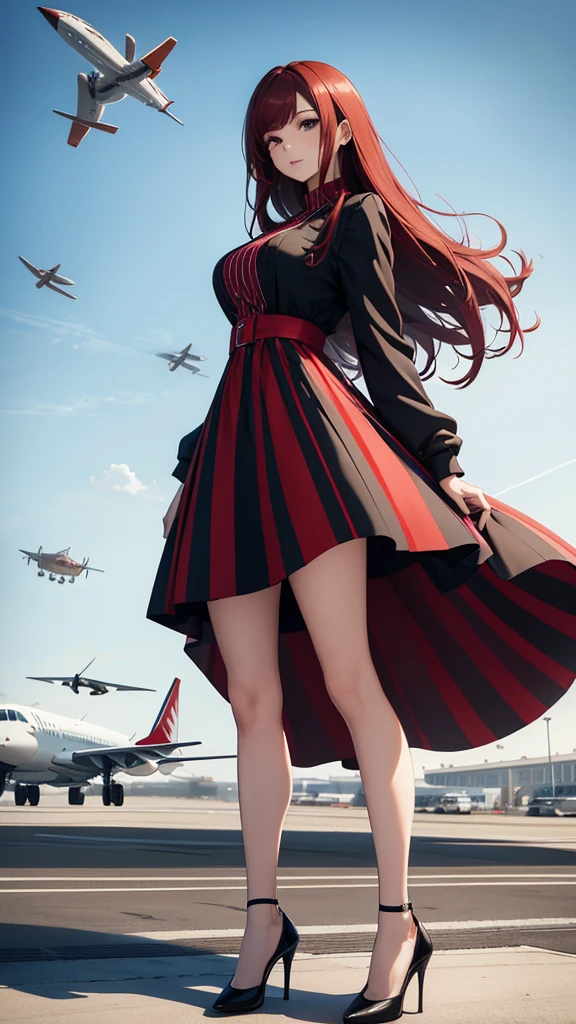 Beautiful Woman, Full Body, Dark Red Hair, White Vertical Black Striped Dress, White High Heels, Standing, Airport Background with Flying Planes