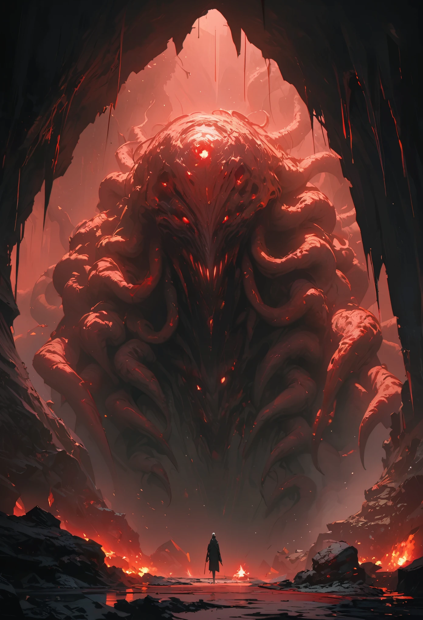 Ultra Detail,Dark and mysterious cave,The faint light of the torch,Black and red,The looming monster,Vague,Smudge,Vision,Super Fine,Ultra Detailed,high quality,8K ,Graphic illustration,oc renderer