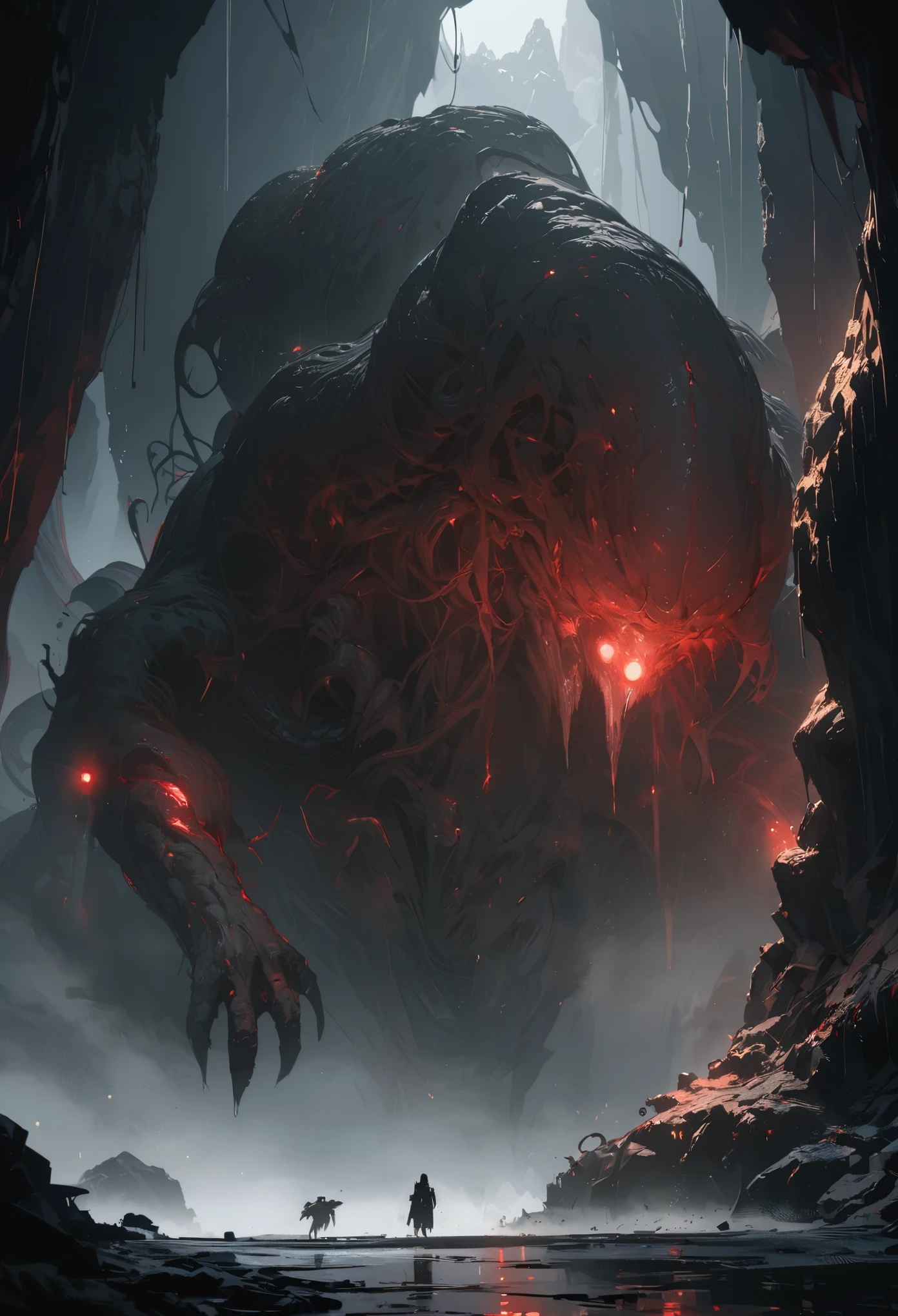 Ultra Detail,Dark and mysterious cave,Thick fog,The faint light of the torch,Black and red,The looming monster,Vague,Smudge,Vision,Super Fine,Ultra Detailed,high quality,8K ,Graphic illustration,oc renderer