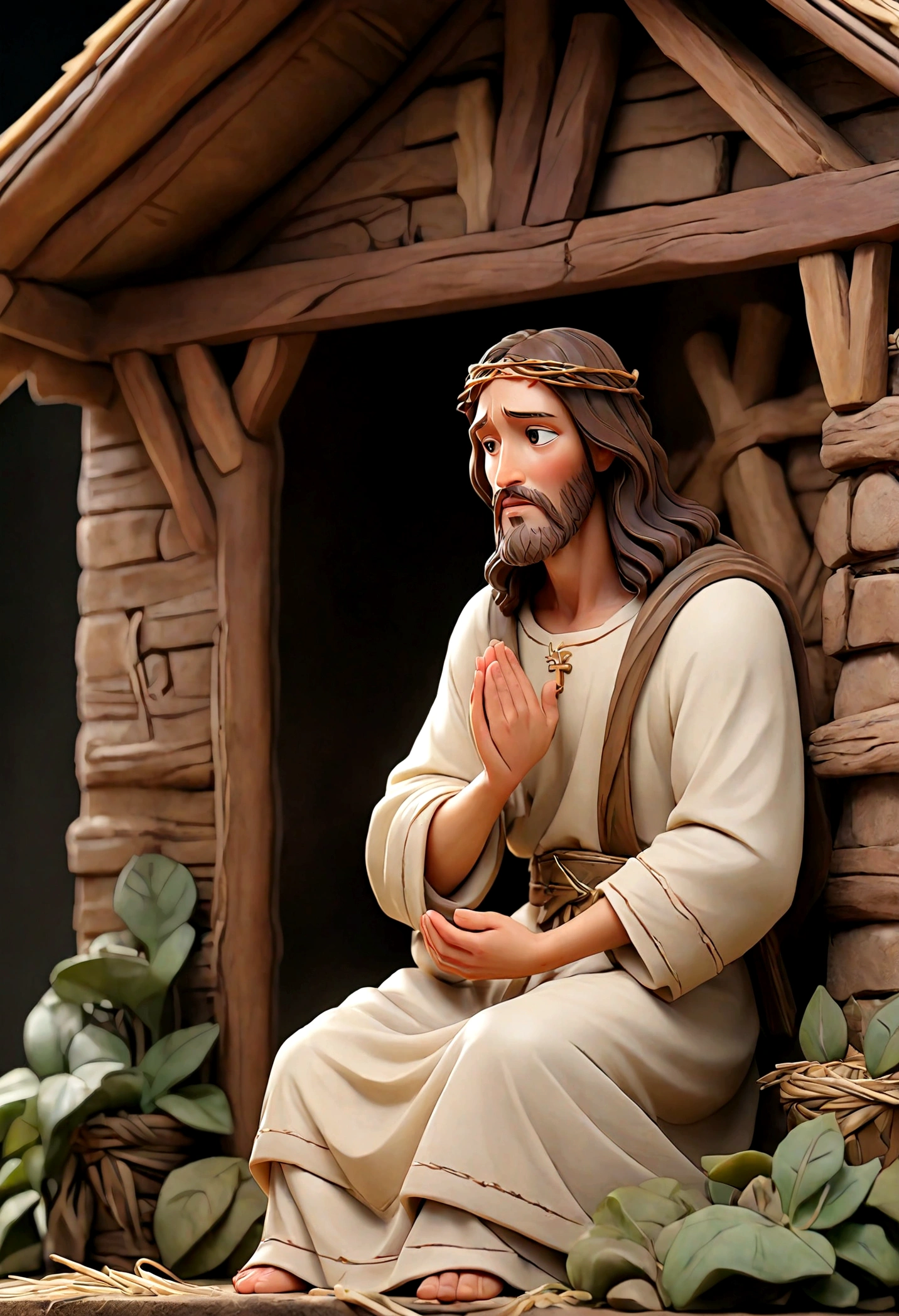 Jesus Christ in a hut praying
