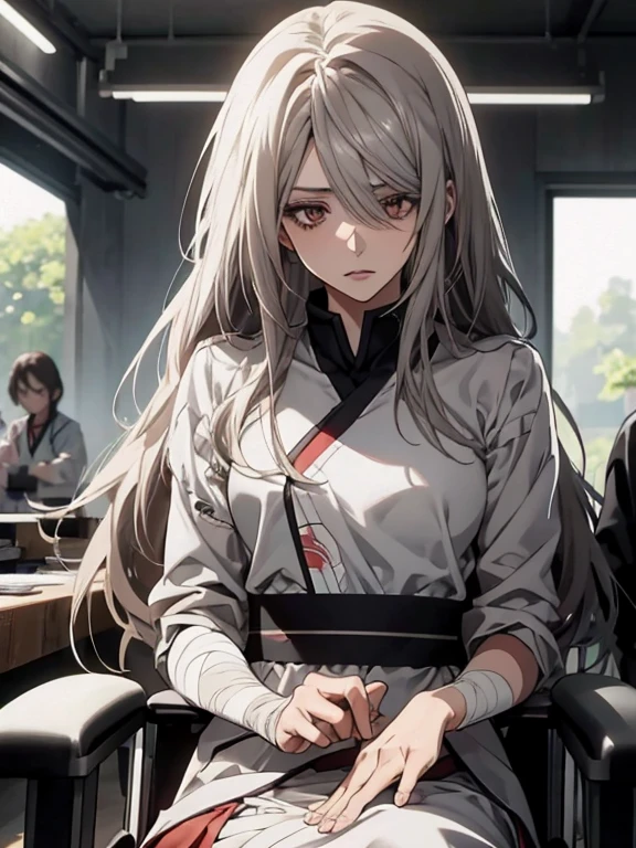 (Confused, High resolution, Very detailed), 1 female, Silver Hair,Long Hair,Reddish brown eyes,White patient gown,,Appearance of injury,24th generation,beauty,mature,thin,quiet,Calm,Sitting in a medical bed,右腕にbandageをしている,hospital,Injured,bandage,tired,fatigue,Infusion,wheelchair