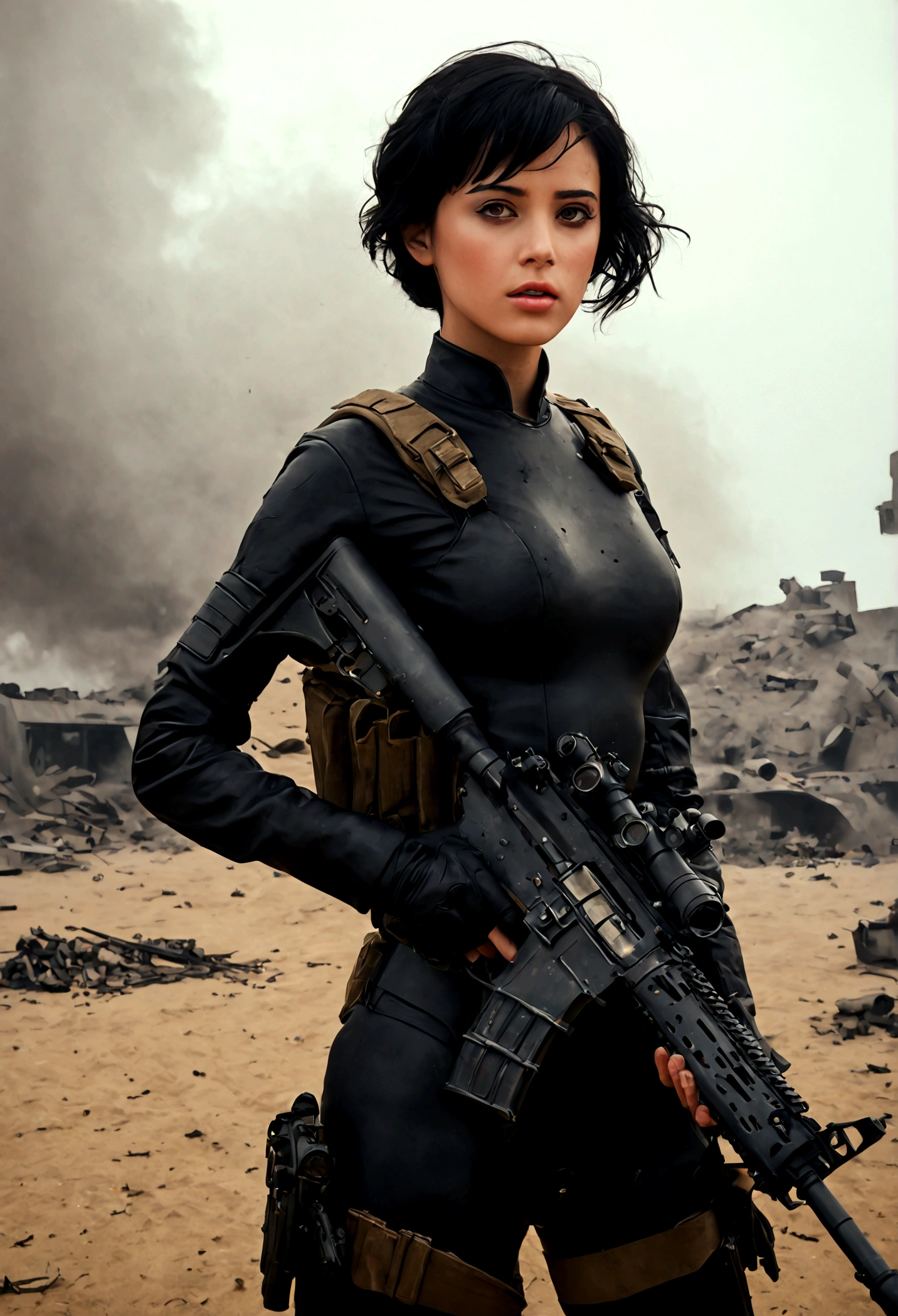 Hyper-Realistic photo of a beautiful soldier girl in a battle field,20yo,1girl,solo,holding AR-15 rifle,detailed exquisite face,short black hair,perfect female form,model body,mesmerizing,looking at viewer,Sean Young \(in Blade Runner\) lookalike,form-fitting military suit BREAK backdrop:battle field,fog,smoke,wreck,stone,sand,wind,flame,explosion,helicopter,vehicle,sky,cloud,cluttered maximalism BREAK settings: (rule of thirds1.3),perfect composition,studio photo,trending on artstation,depth of perspective,(Masterpiece,Best quality,32k,UHD:1.4),(sharp focus,high contrast,HDR,hyper-detailed,intricate details,ultra-realistic,kodachrome 800:1.3),(chiaroscuro lighting:1.3),by Karol Bak,Alessandro Pautasso and Hayao Miyazaki,photo_b00ster,real_booster,art_booster