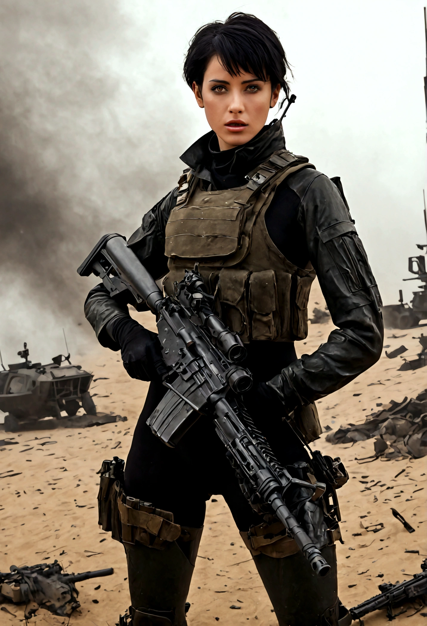 Hyper-Realistic photo of a beautiful soldier girl in a battle field,20yo,1girl,solo,holding AR-15 rifle,detailed exquisite face,short black hair,perfect female form,model body,mesmerizing,looking at viewer,Sean Young \(in Blade Runner\) lookalike,form-fitting military suit BREAK backdrop:battle field,fog,smoke,wreck,stone,sand,wind,flame,explosion,helicopter,vehicle,sky,cloud,cluttered maximalism BREAK settings: (rule of thirds1.3),perfect composition,studio photo,trending on artstation,depth of perspective,(Masterpiece,Best quality,32k,UHD:1.4),(sharp focus,high contrast,HDR,hyper-detailed,intricate details,ultra-realistic,kodachrome 800:1.3),(chiaroscuro lighting:1.3),by Karol Bak,Alessandro Pautasso and Hayao Miyazaki,photo_b00ster,real_booster,art_booster