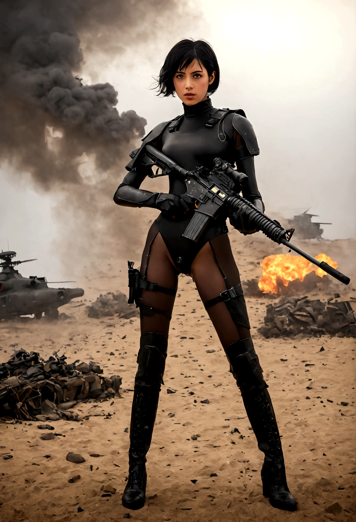 Hyper-Realistic photo of a beautiful soldier girl in a battle field,20yo,1girl,solo,holding AR-15 rifle,detailed exquisite face,short black hair,perfect female form,model body,mesmerizing,looking at viewer,Sean Young \(in Blade Runner\) lookalike,form-fitting military suit BREAK backdrop:battle field,fog,smoke,wreck,stone,sand,wind,flame,explosion,helicopter,vehicle,sky,cloud,cluttered maximalism BREAK settings: (rule of thirds1.3),perfect composition,studio photo,trending on artstation,depth of perspective,(Masterpiece,Best quality,32k,UHD:1.4),(sharp focus,high contrast,HDR,hyper-detailed,intricate details,ultra-realistic,kodachrome 800:1.3),(chiaroscuro lighting:1.3),by Karol Bak,Alessandro Pautasso and Hayao Miyazaki,photo_b00ster,real_booster,art_booster