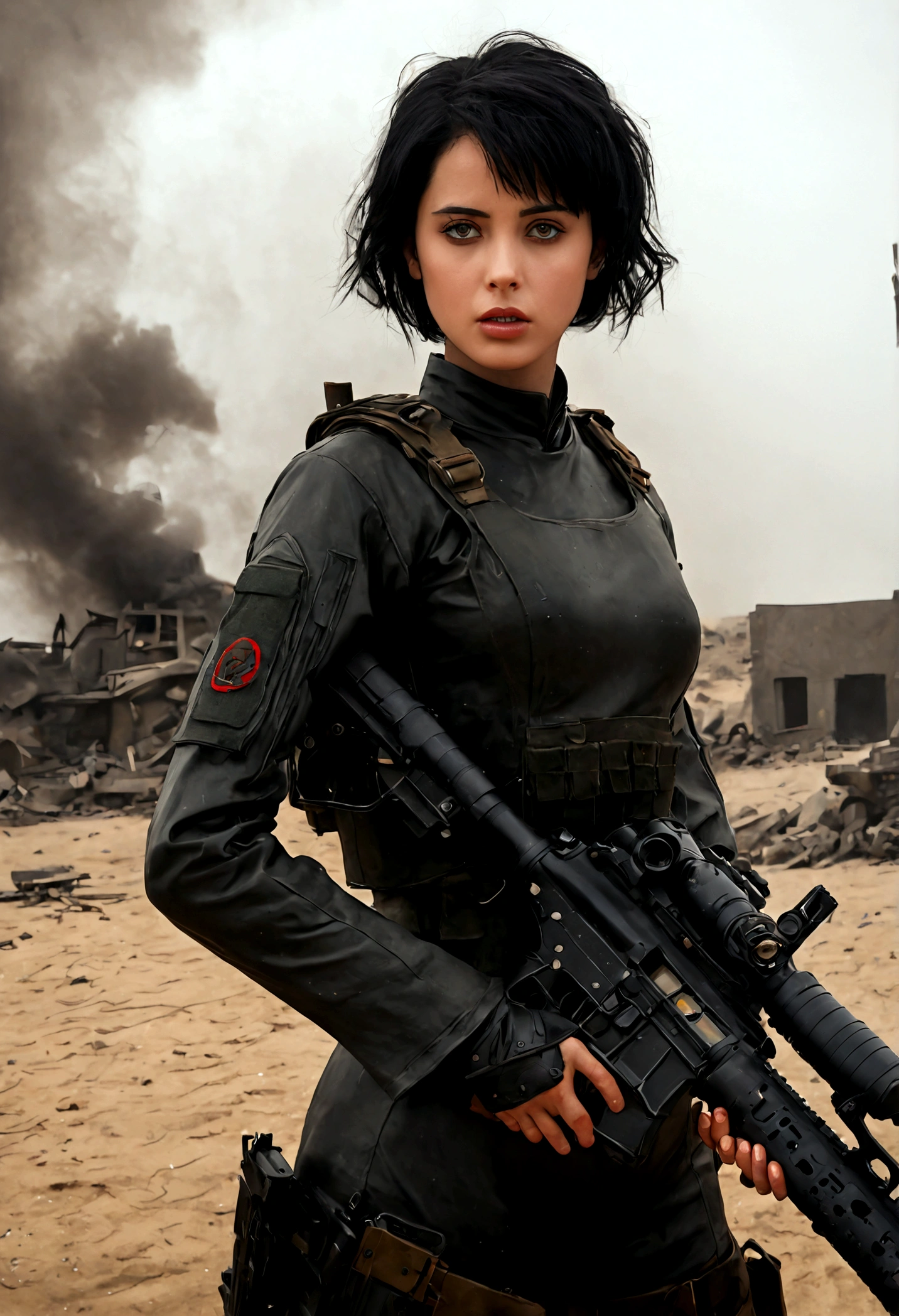Hyper-Realistic photo of a beautiful soldier girl in a battle field,20yo,1girl,solo,holding AR-15 rifle,detailed exquisite face,short black hair,perfect female form,model body,mesmerizing,looking at viewer,Sean Young \(in Blade Runner\) lookalike,form-fitting military suit BREAK backdrop:battle field,fog,smoke,wreck,stone,sand,wind,flame,explosion,helicopter,vehicle,sky,cloud,cluttered maximalism BREAK settings: (rule of thirds1.3),perfect composition,studio photo,trending on artstation,depth of perspective,(Masterpiece,Best quality,32k,UHD:1.4),(sharp focus,high contrast,HDR,hyper-detailed,intricate details,ultra-realistic,kodachrome 800:1.3),(chiaroscuro lighting:1.3),by Karol Bak,Alessandro Pautasso and Hayao Miyazaki,photo_b00ster,real_booster,art_booster
