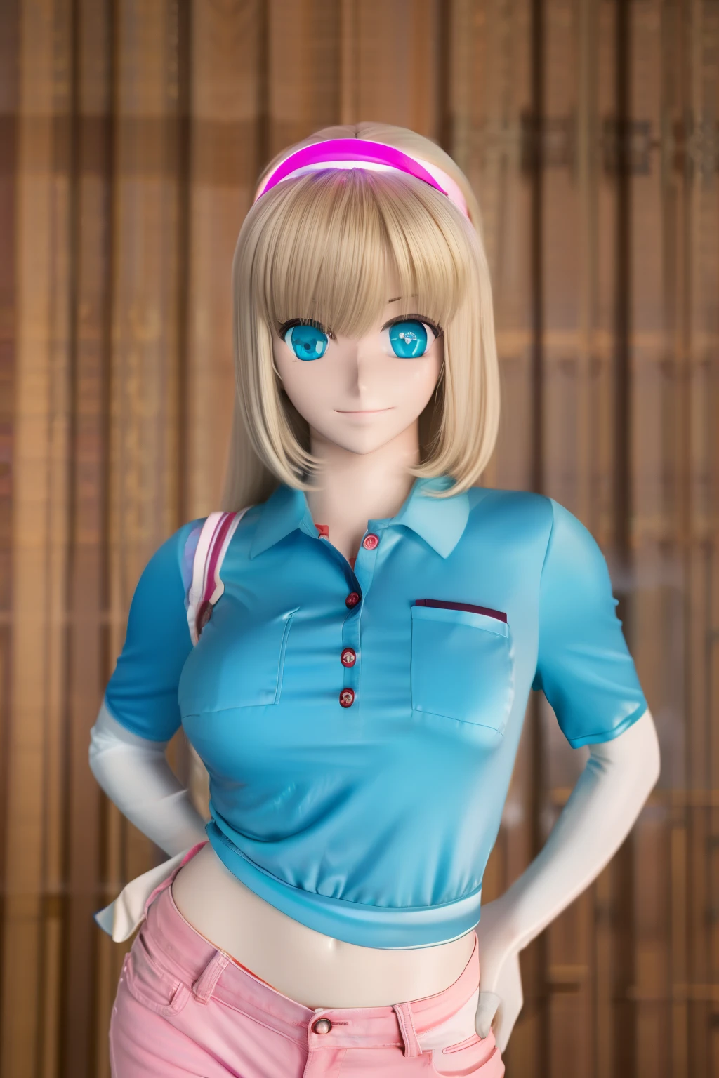 ultra high definition, highres, very detailed, animatronic housewife, blond hair, blue eyes, pink shirt, pink hairband, jeans, glowing eyes, standing erect, nsfw