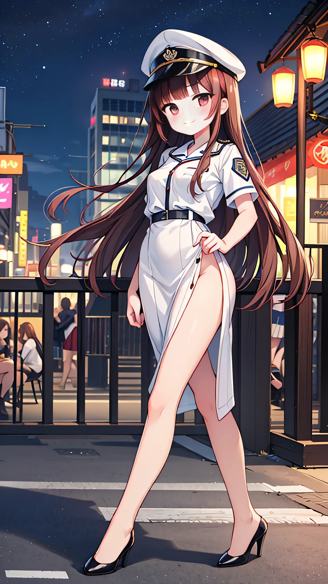 {highest quality], [Super beautiful], [Ultra fine], [Best illustration], NSFW,Brown Hair, Hime cut, Long Hair, With bangs, girl, Uniform cap,Security uniform, smile, blush, Slender women,Short sleeve,Long straight skirt, Adult women,walk,(Public）Night Park, diagonal,Bare feet and pumps, Plain black pumps
