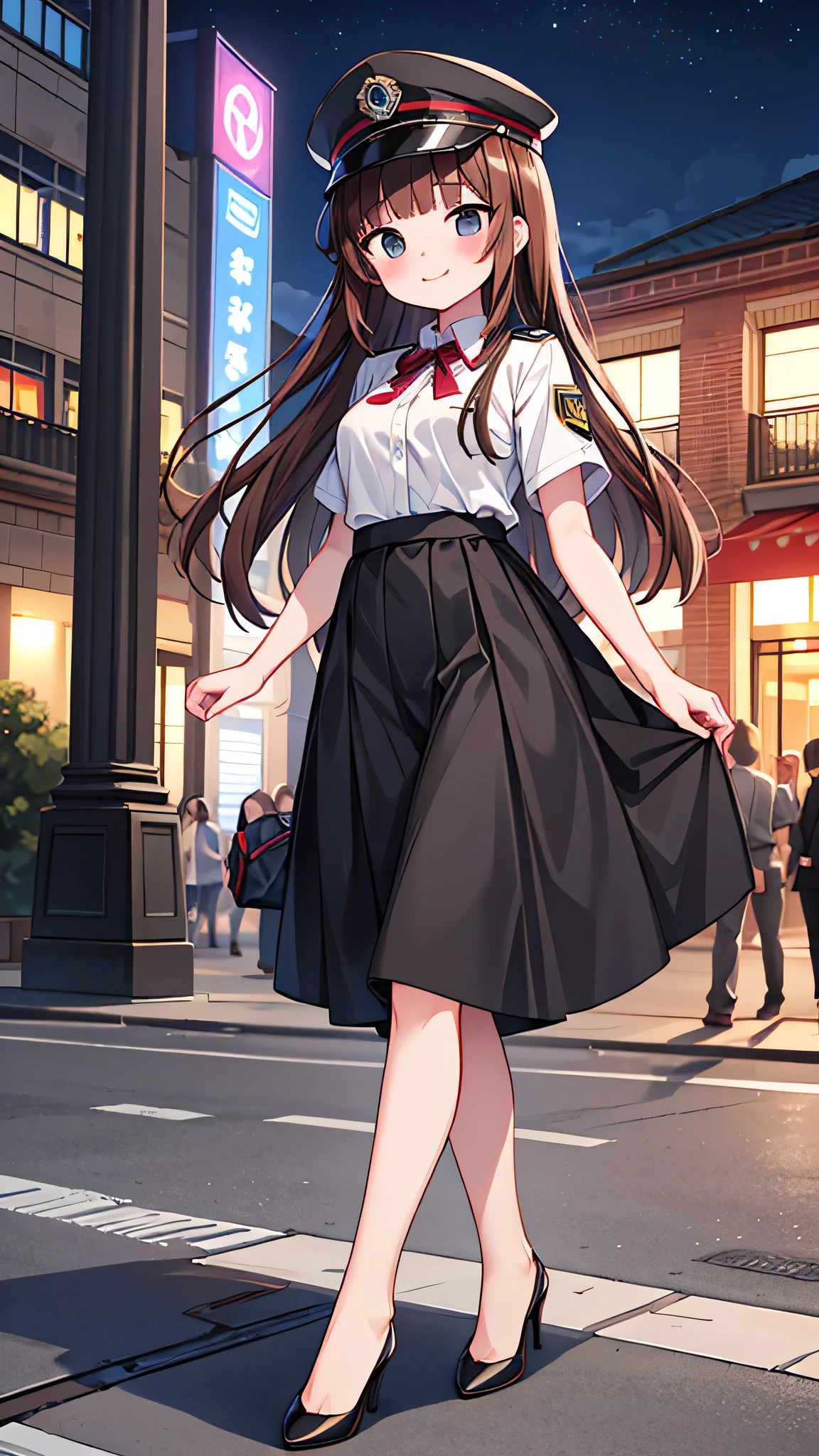 {highest quality], [Super beautiful], [Ultra fine], [Best illustration], NSFW,Brown Hair, Hime cut, Long Hair, With bangs, girl, Uniform cap,Security uniform, smile, blush, Slender women,Short sleeve,Long straight skirt, Adult women,walk,(Public）Night Park, diagonal,Bare feet and pumps, Plain black pumps
