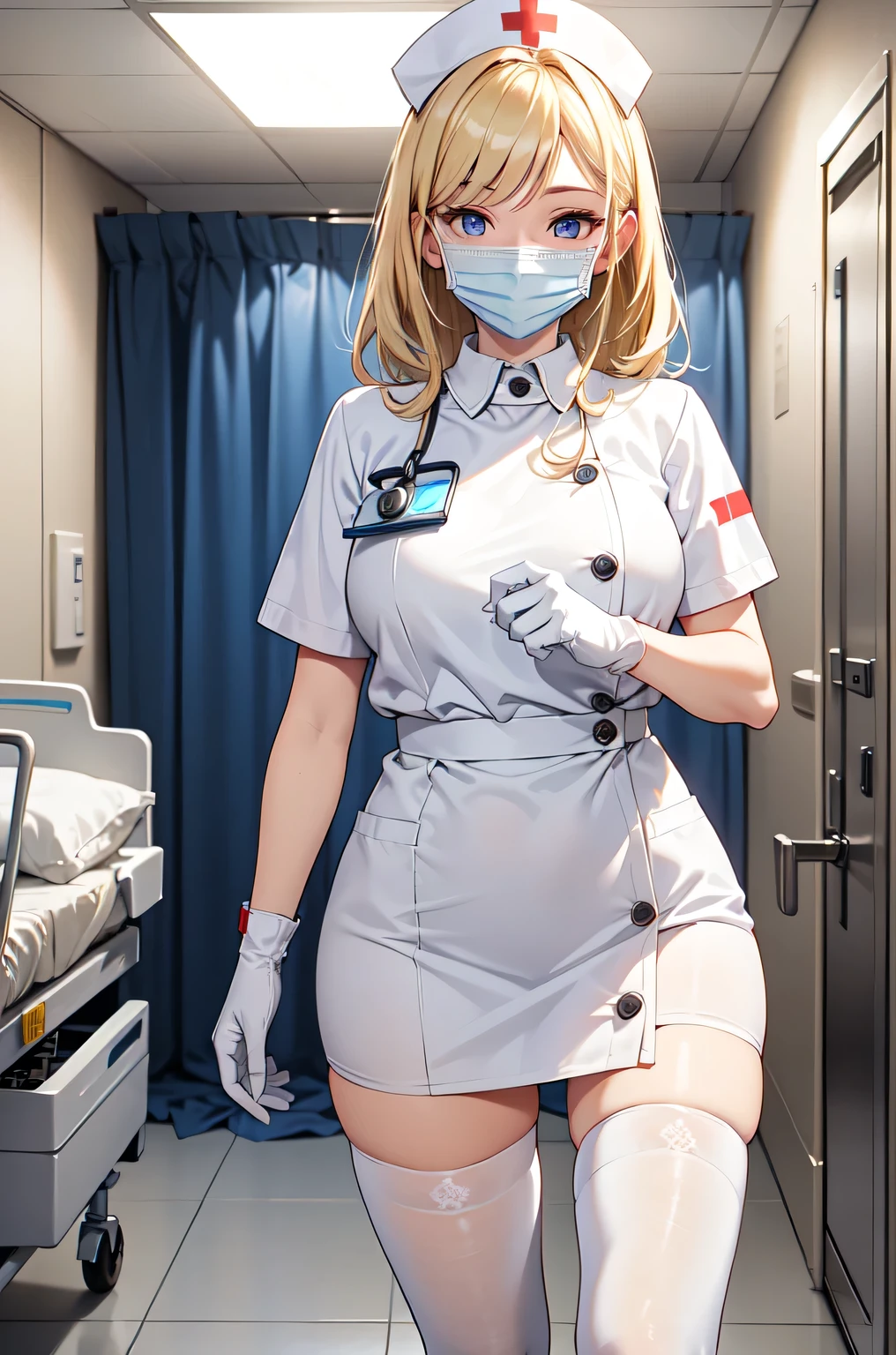 1woman, solo, nurse, white nurse cap, white nurse uniform, ((white legwear, zettai ryouiki)), white gloves, blonde hair, blue eyes, ((white surgical mask, covered nose)), standing, ((hospital room)), sharp outline, short sleeves, mature female, 35 years old, best quality, masterpiece