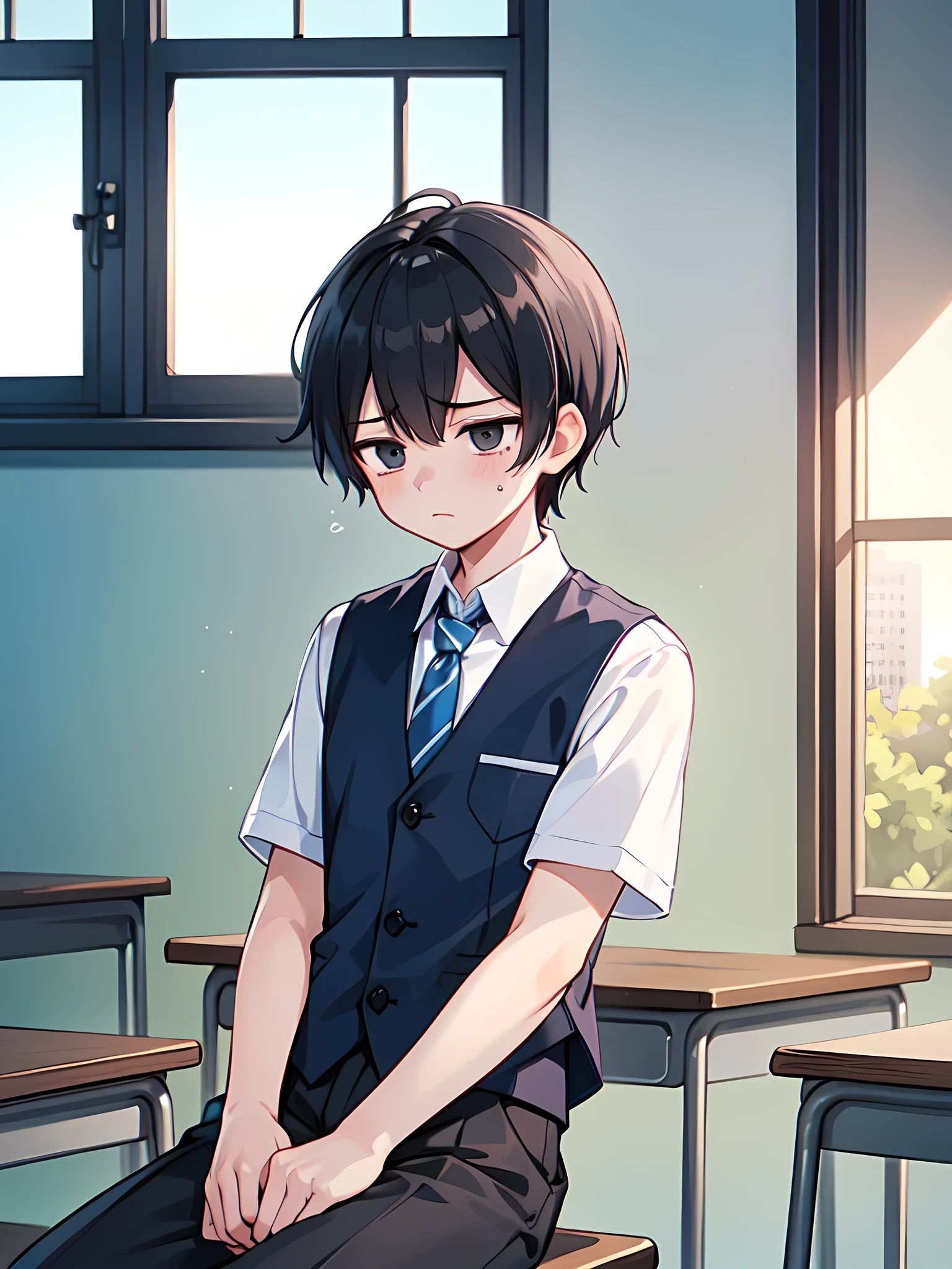 ((Masterpiece, best quality, high quality)), very detailed CG uniform 8k wallpaper, very detailed, very detailed background, classroom, windows, sunlight, detailed eyes, sunlight, shiny hair, shiny skin, ((1boy)), high school, black hair, black eyes, ((depressed)), cold expression, gloomy, white shirt, blue vest, tie, sitting at the desk