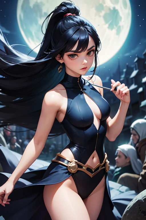 Ravena go titans, andando num beco a noite luz da lua, sensual, cabelo curto preto estilo pixie, colant cavado, boca carnuda e sensual, corpo sensual e perfeito. sem capa e capuz, joia na testa, silhueta de trigon atras dela, she doesn't notice, papel de parede 8k, ultra detalhado, beautiful and aesthetic, arte, melhor qualidade, (dynamic angle: 1.4), elegante, design elegante, cores escuras, romantismo , ultra grande angular
