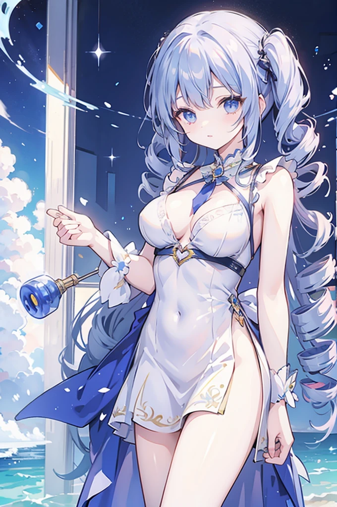 Goddess of Love and War,silver big volume ultra long (((wide curl twin-drill))) hair,impossibly big breasts,Lapis Lazuli Dress,laugh,hyper kawaii girl,