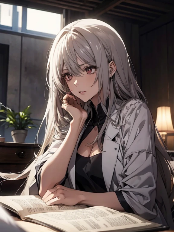 (Confused, High resolution, Very detailed), 1 female, Silver Hair,Long Hair,Reddish brown eyes,White patient gown,,Appearance of injury,24th generation,beauty,mature,thin,quiet,Calm,Sitting in a medical bed,右腕にbandageをしている,hospital,Injured,bandage,tired,fatigue