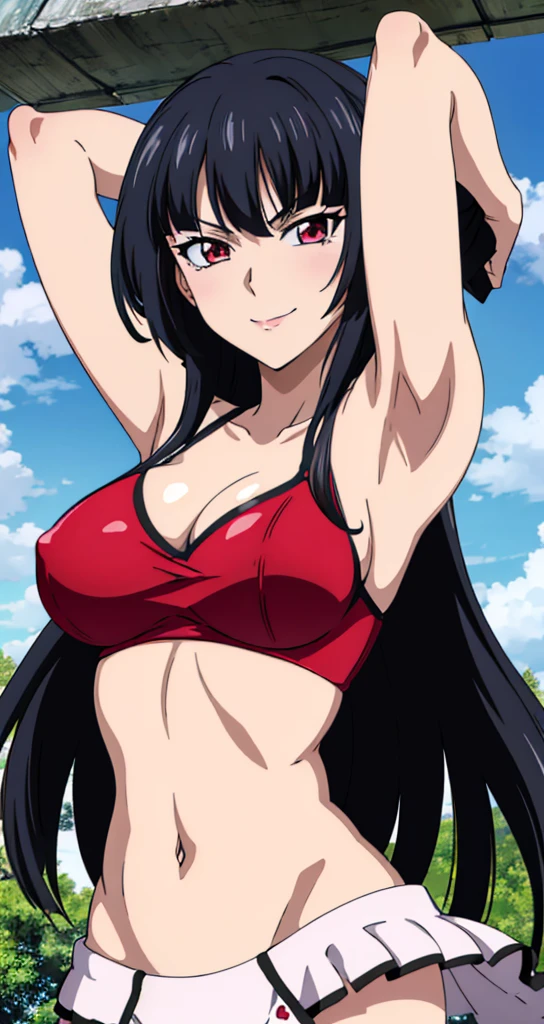 (((picture perfect))), (absurdres), 1girl, solo, rias gremory, looking at viewer, smile, (((upper body))), arms up, armpits visible, detailed armpits