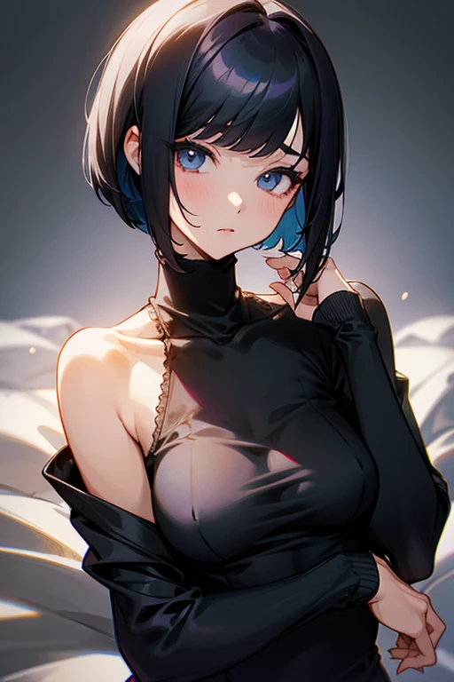 Black turtleneck、Tight lace tops、No sleeve、Lightweight cardigan、Beauty、tits、Bobcut、No sleeve、Shoulder Bare、Beautiful clavicle、