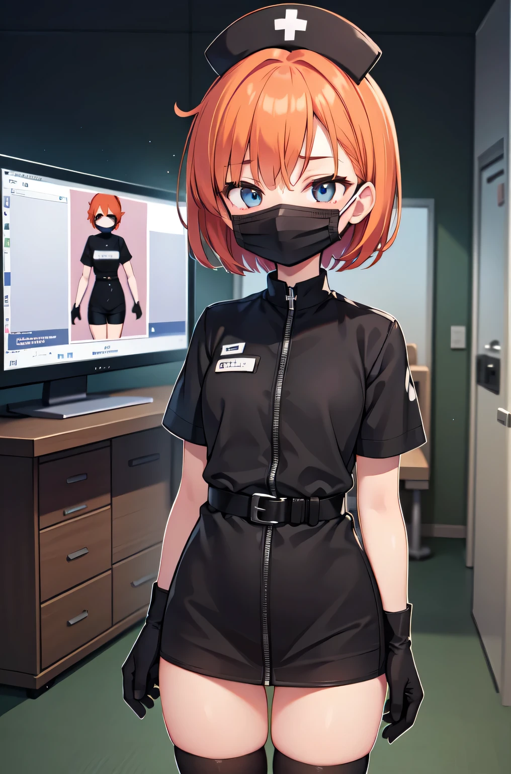 black nurse, 1girl, solo, black nurse cap, black nurse uniform, ((black legwear, zettai ryouiki)), black elbow gloves, very short hair, orange hair, ((black surgical mask, covered nose)), standing, ((surgery room)), sharp outline, short sleeves, tomboy, boyish, best quality, masterpiece