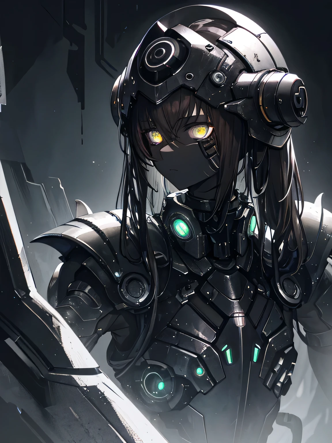 (dark biopunk art), (tentacle biopunk atmosphere), (gloomy biopunk girl), delicate facial features, dark black skin, dark brown skin, dark skin, brown hair, wavy biopunk helmet, silver biopunk shoulder pads, (dark lighting), many shadows, cold lights, biopunk