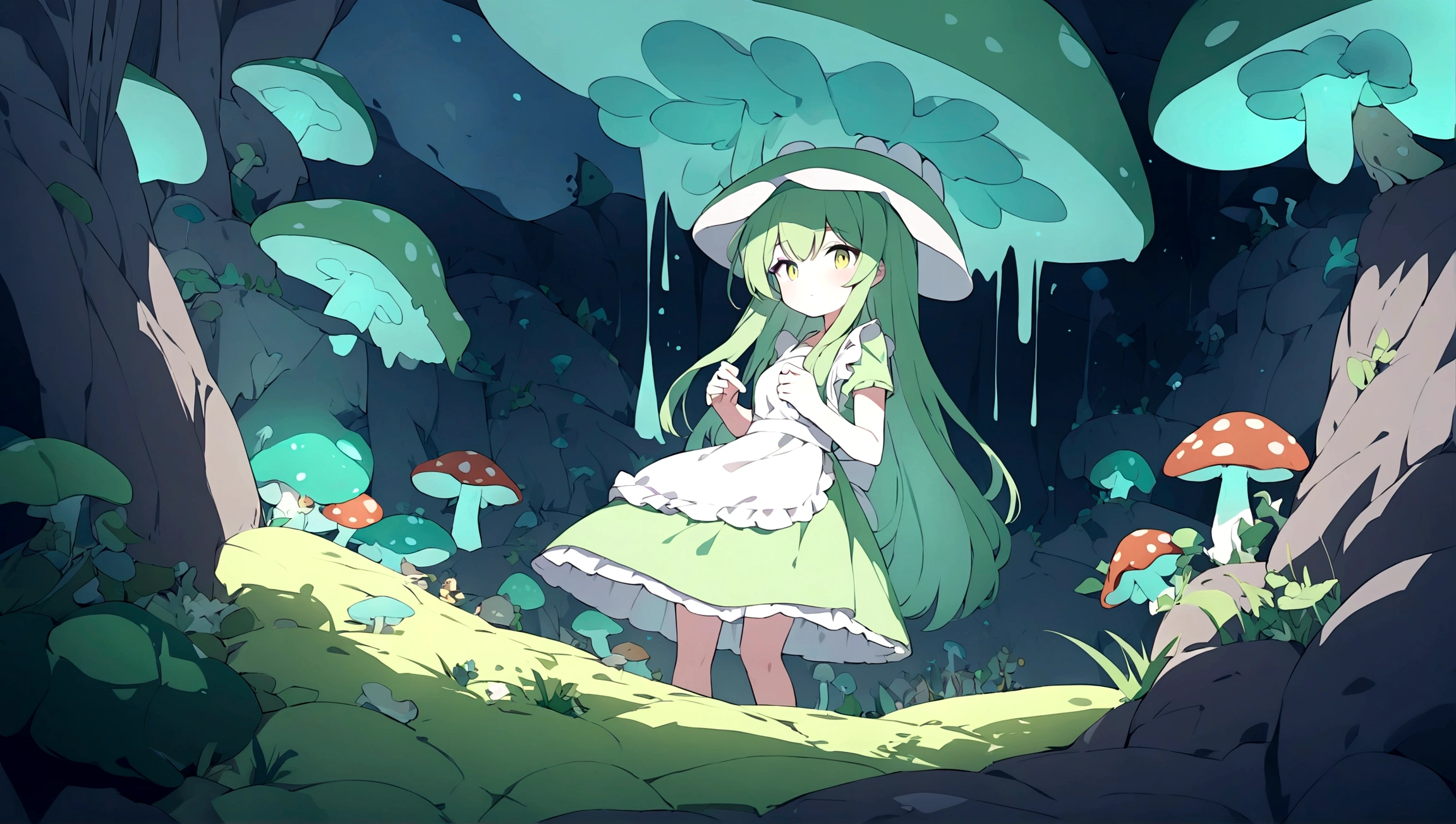 Girl, green hair, long hair, green dress, white ?????, mushroom hat, fungus, full of mushroom, fungi, inside a glowing cave