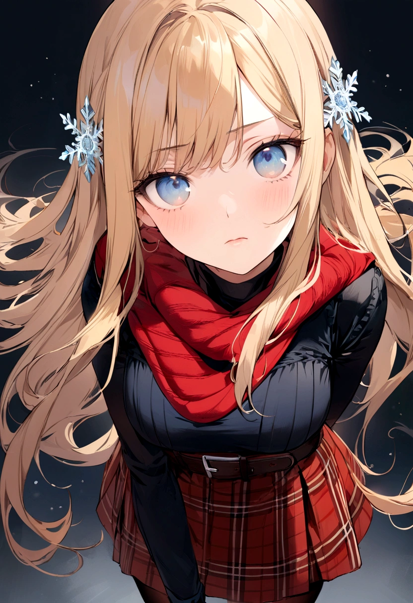  (Artwork), (ultra detailed), (straight, blonde and long hair), (1 girl), beautiful detailed eyes, delicate and beautiful face, (grayish blue eyes), black turtleneck, a black and red plaid skirt, nylon pantyhose, a red scarf and a belt, cold and postural facial expression, snowflake hair ornament, (illustration), from above, (best quality)