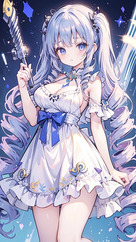 Goddess of Love and War,silver big volume ultra long (((wide curl twin-drill))) hair,impossibly big breasts,Lapis Lazuli Dress,laugh,hyper kawaii girl,