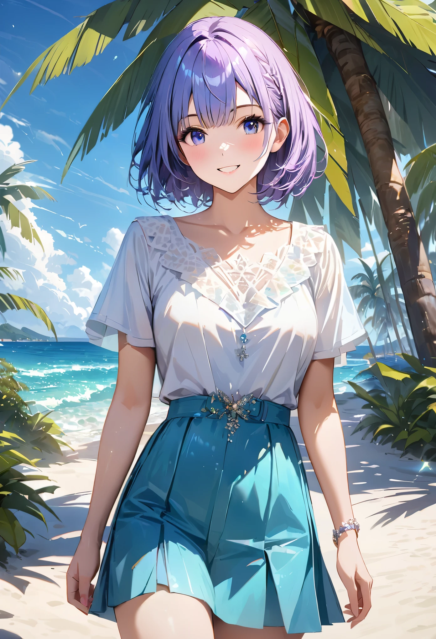 Sparkling sea and tropical ocean, Sunny sky with fluffy white clouds, Palm trees along the coast, Blur the background,Pleasant sea breeze,High school girls,short hair,smile,Glitter effect,highest quality, 4K, 8k, High resolution, masterpiece:1.2, Very detailed, Realistic:1.37, High resolution, 超High resolution, Ultra-fine painting, Sharp focus, Physically Based Rendering, Very detailedな説明, Professional, Vibrant colors