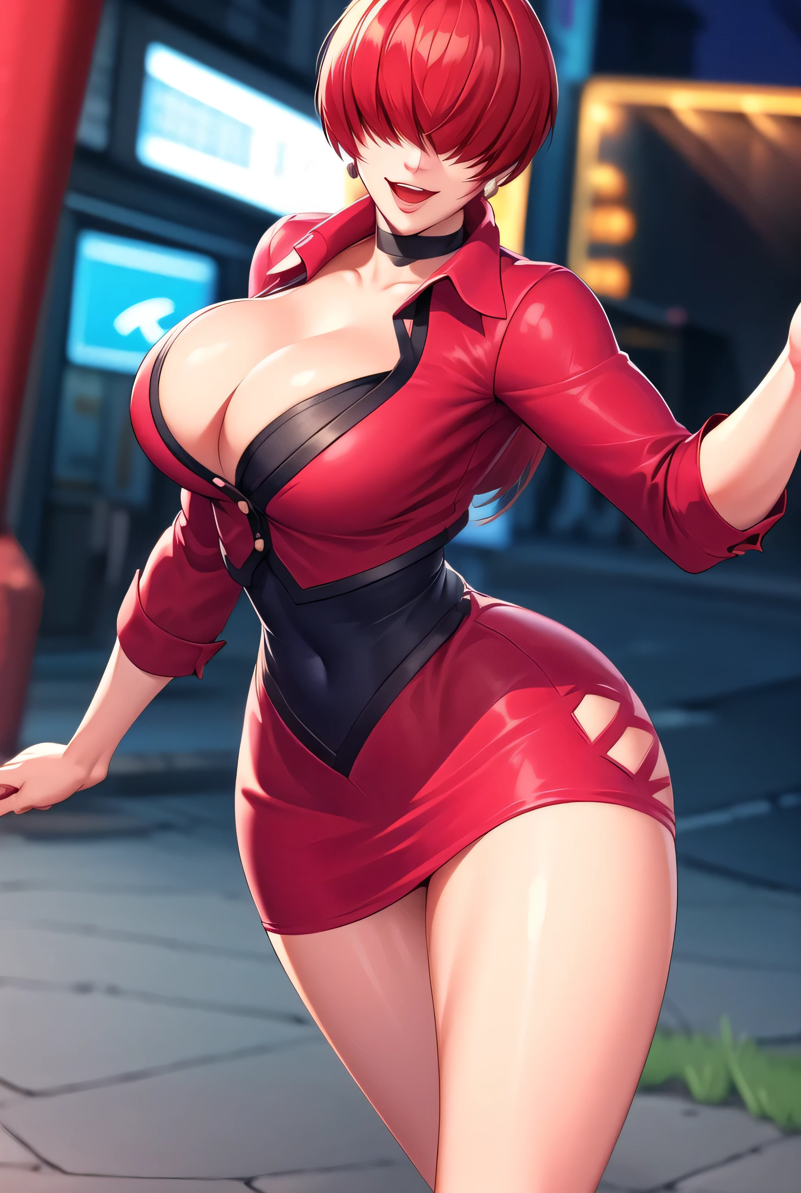 (night),in a video game scene with a neon background and a neon light,
Standing at attention,
Red outfit,Red jacket,choker, cleavage cutout, clothing cutout, 
earrings,
Red hair,bangs,((hair over eyes)),
1 girl, 20yo,Young female,Beautiful Finger,Beautiful long legs,Beautiful body,Beautiful Nose,Beautiful character design, evil face,
looking at viewer,(Focus on her face),open mouth,evil_Smile,
official art,extremely detailed CG unity 8k wallpaper, perfect lighting,Colorful, Bright_Front_face_Lighting,shiny skin,
(masterpiece:1.0),(best_quality:1.0), ultra high res,4K,ultra-detailed,
photography, 8K, HDR, highres, absurdres:1.2, Kodak portra 400, film grain, blurry background, bokeh:1.2, lens flare, (vibrant_color:1.2),professional photograph,
(Beautiful,large_Breasts:1.4), (beautiful_face:1.5),(narrow_waist),conceitsmile worst,worst ridecule,evil moukery