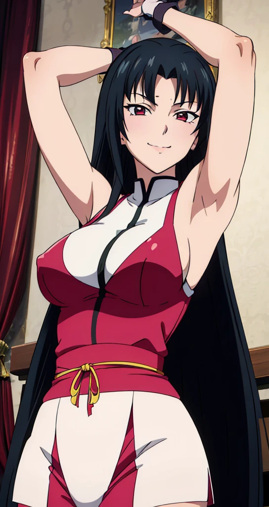 (((picture perfect))), (absurdres), 1girl, solo, tsubaki shinra, looking at viewer, smile, (((upper body))), arms up, armpits visible, detailed armpits