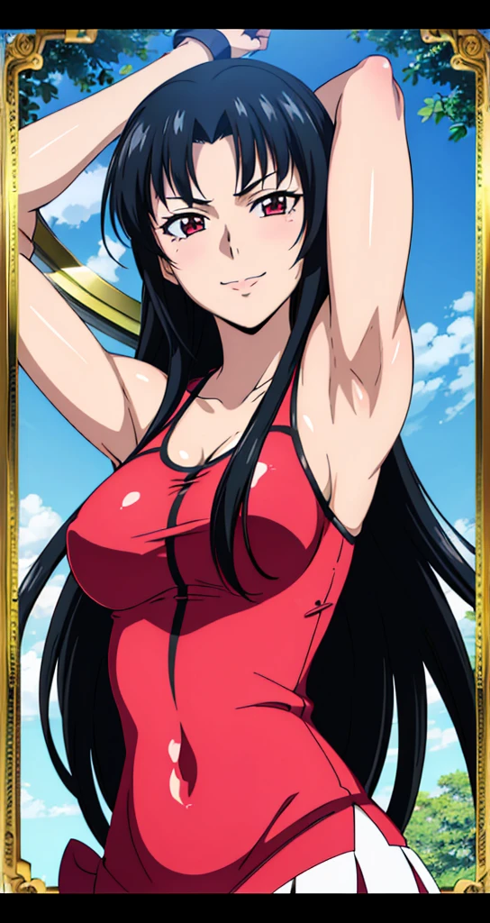 (((picture perfect))), (absurdres), 1girl, solo, tsubaki shinra, looking at viewer, smile, (((upper body))), arms up, armpits visible, detailed armpits