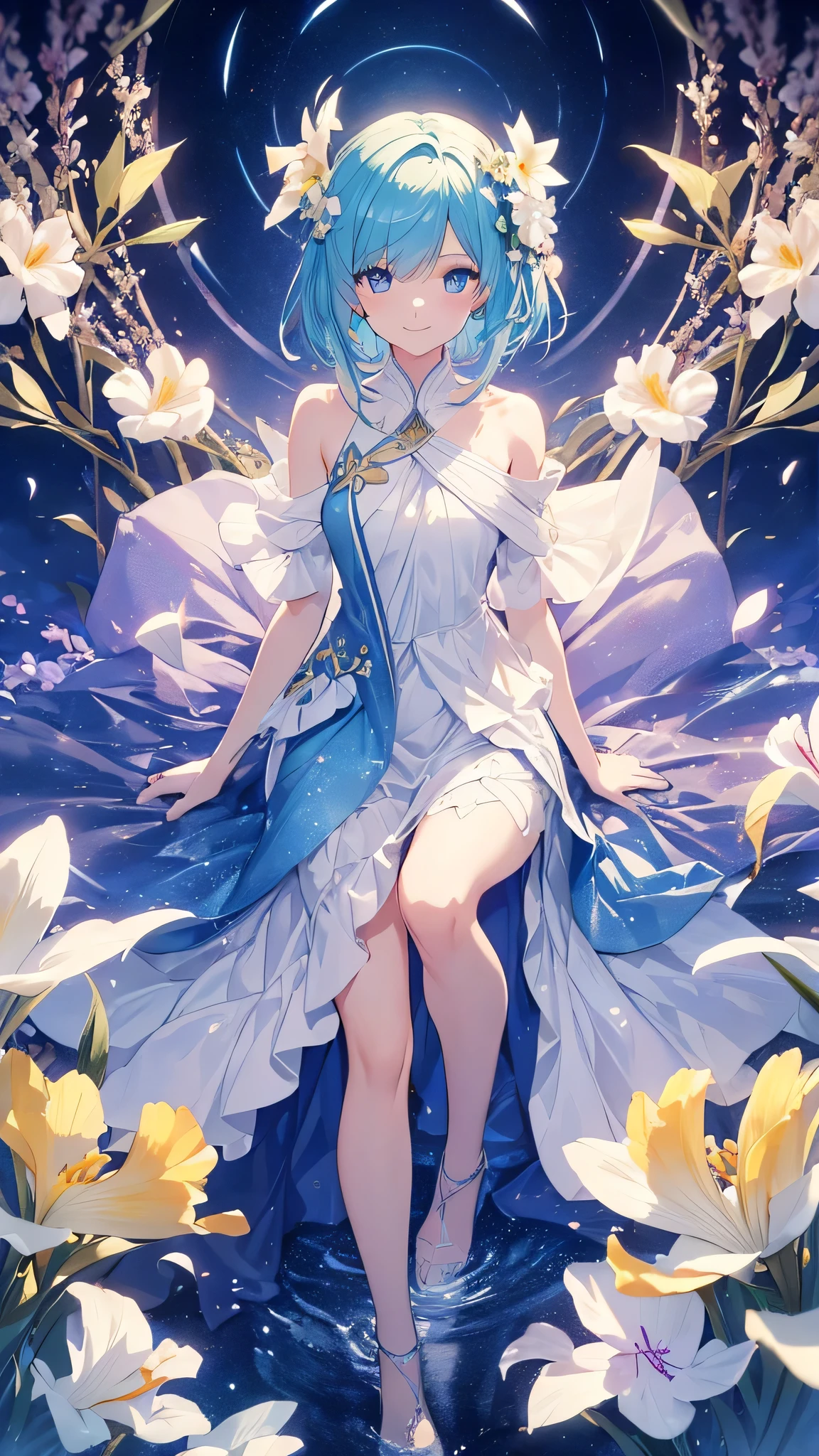 Zephyranthes-themed artwork, ((highest quality)), High resolution, 8k, Cinematic Light, High Contrast, Written boundary depth、smile、sharp、beautiful, Strong brilliance, Detailed Background, One Girl, cute, fine grain, Shining Eyes, Detailed Iris、