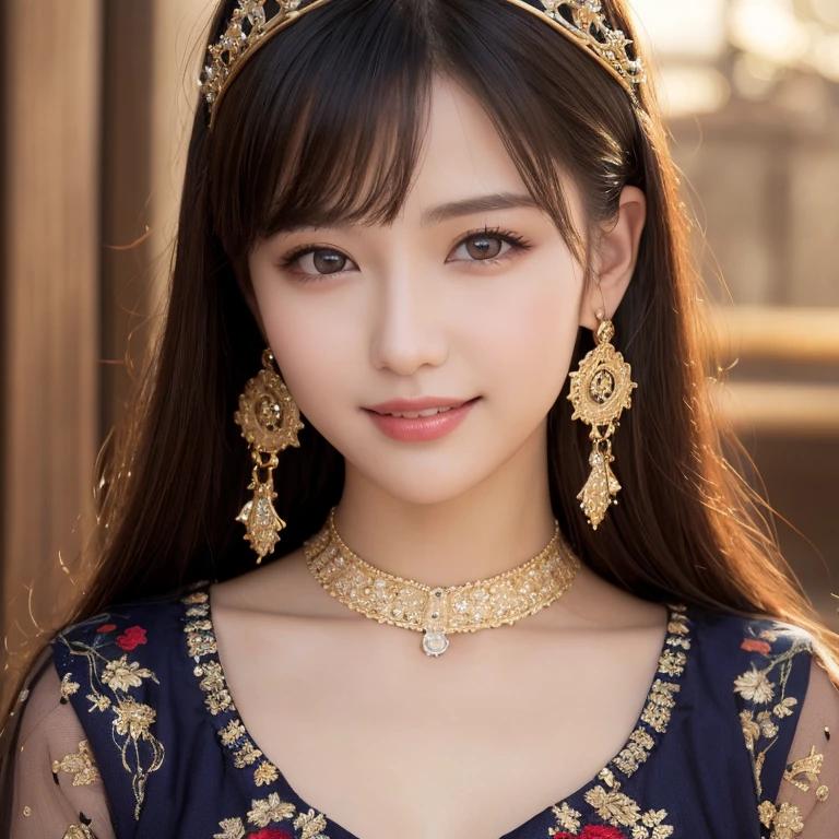 highest quality:1.5)、(Realistic:1.5)、(1 person:1.5)、Very detailed、finely、High resolution、8k wallpaper、Perfect dynamic composition、Small breasts、Natural color lip、Cute Smile、Japanese women、20-year-old girl、Beautiful and elaborate face、Perfect and beautiful face、Beautiful and exquisite、Big eyes、Brunette's eyes、Beautiful and elaborate face、Perfect and beautiful double eyelids、Natural Bangs、Beautiful thin nose、Beautiful Skin、Black natural hair、Long Hair、Natural Bangs、Perfect and beautiful face、Slim face and figure、(Looking into the camera)、Bright lighting、Professional Lighting、Front lighting、Natural smile、Beautiful clavicle、、fortune teller、Fortune-telling attire、Gold embroidery、purple、Dazzling、Tarot、crystal、Tiara on head、Big earrings、mysterious、Gorgeous、fortune tellerに見える、Gorgeousなネックレス、race、Upper Body、So that it doesn't break、