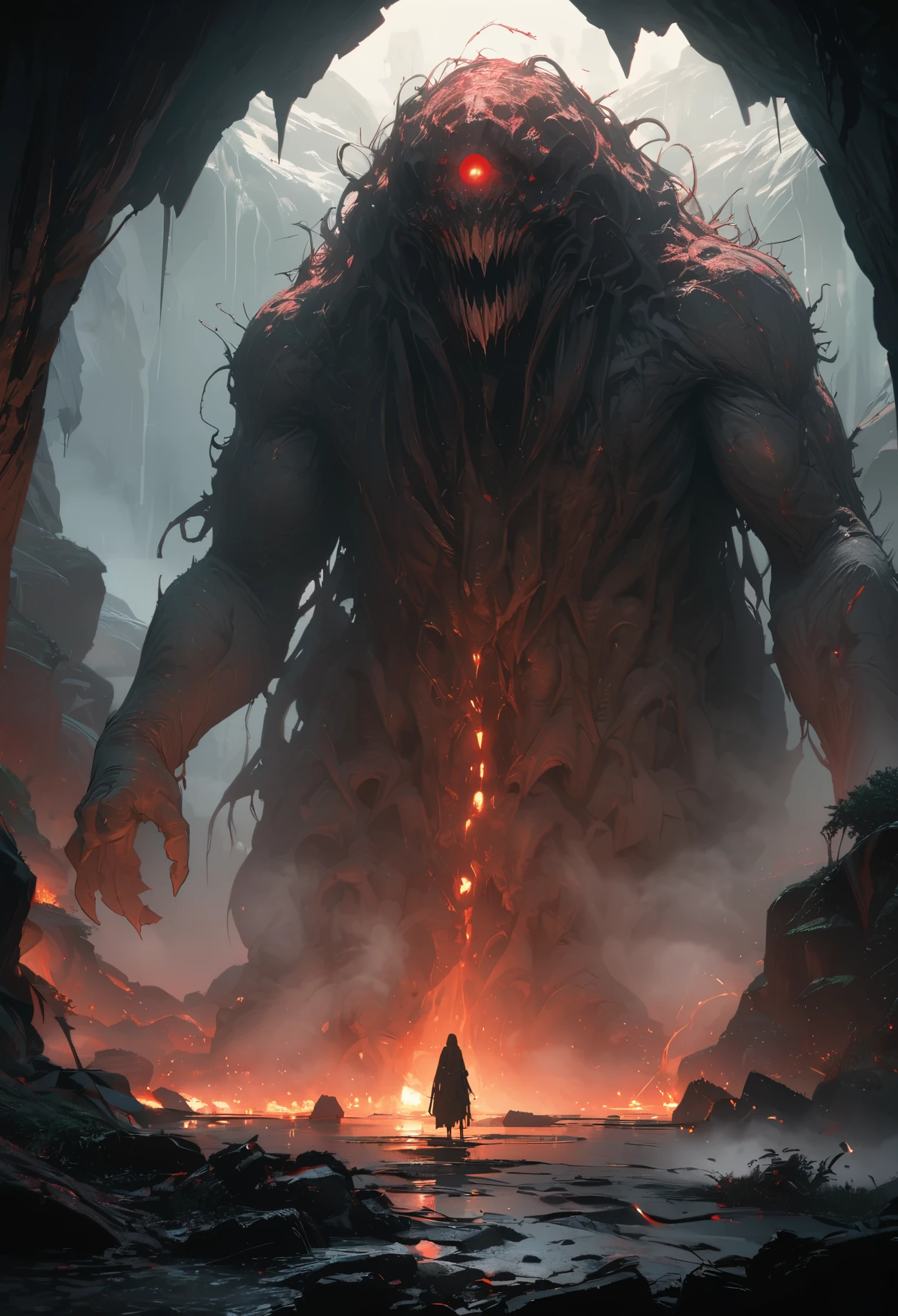 Ultra Detail,Dark and mysterious cave,Thick fog,The faint light of the torch,Black and red,The looming monster,Vague,Smudge,Vision,Super Fine,Ultra Detailed,high quality,8K ,Graphic illustration,oc renderer