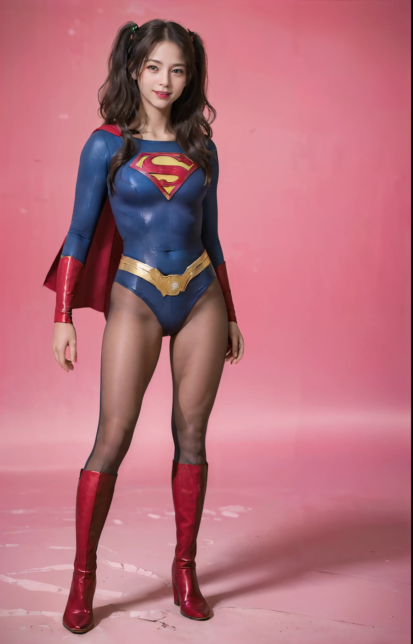 No background、(((Beautiful legs in black tights.)))、(((Legally express the beauty of your smile)))、((((Make the most of your original images)))、(((体にぴったりフィットするSupergirl Costume)))、(((Supergirl Costume)))、(((Beautiful twin tail hairstyle)))、(((She is winking cutely.)))、(((Please wear black tights....、Wear red boots)))、((Best image quality、8k))、((highest quality、8k、masterpiece:1.3))、(((Preserve background )))、Sharp focus:1.2、Beautiful woman with perfect figure:1.4、Slim Abs:1.2、Wet body:1.5、Highly detailed face and skin texture、8k