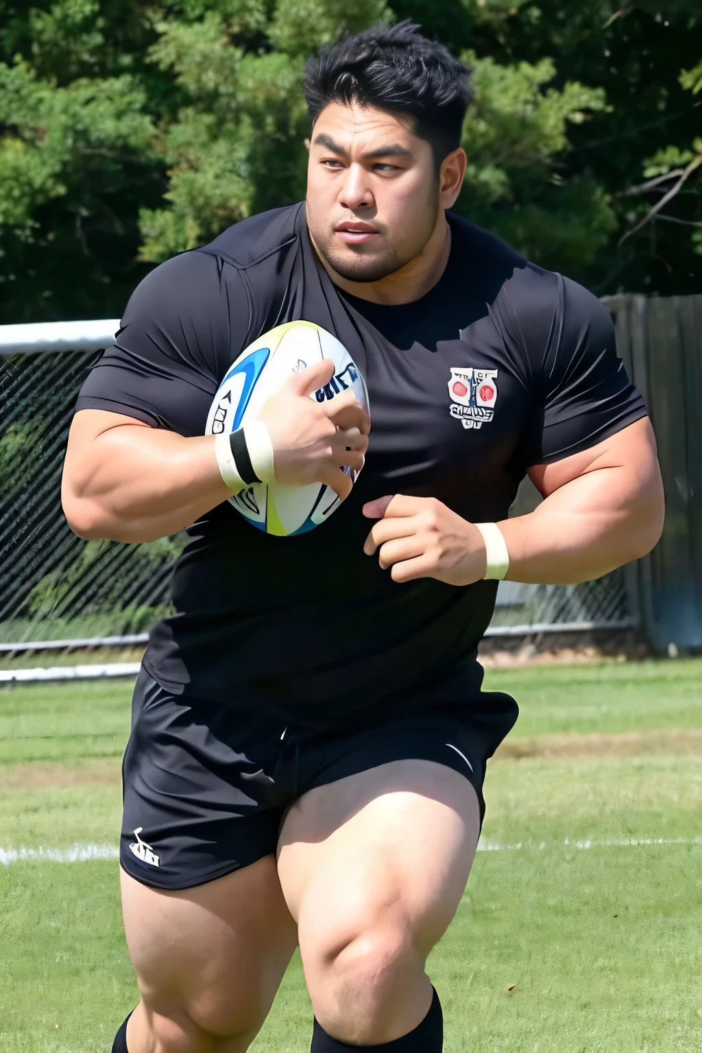 A large Japanese man wearing a tight black T-shirt、whole body、Rugby last week、Thick legs、Thick arm muscles、Intimidating、whole body、cute、Awesome muscles