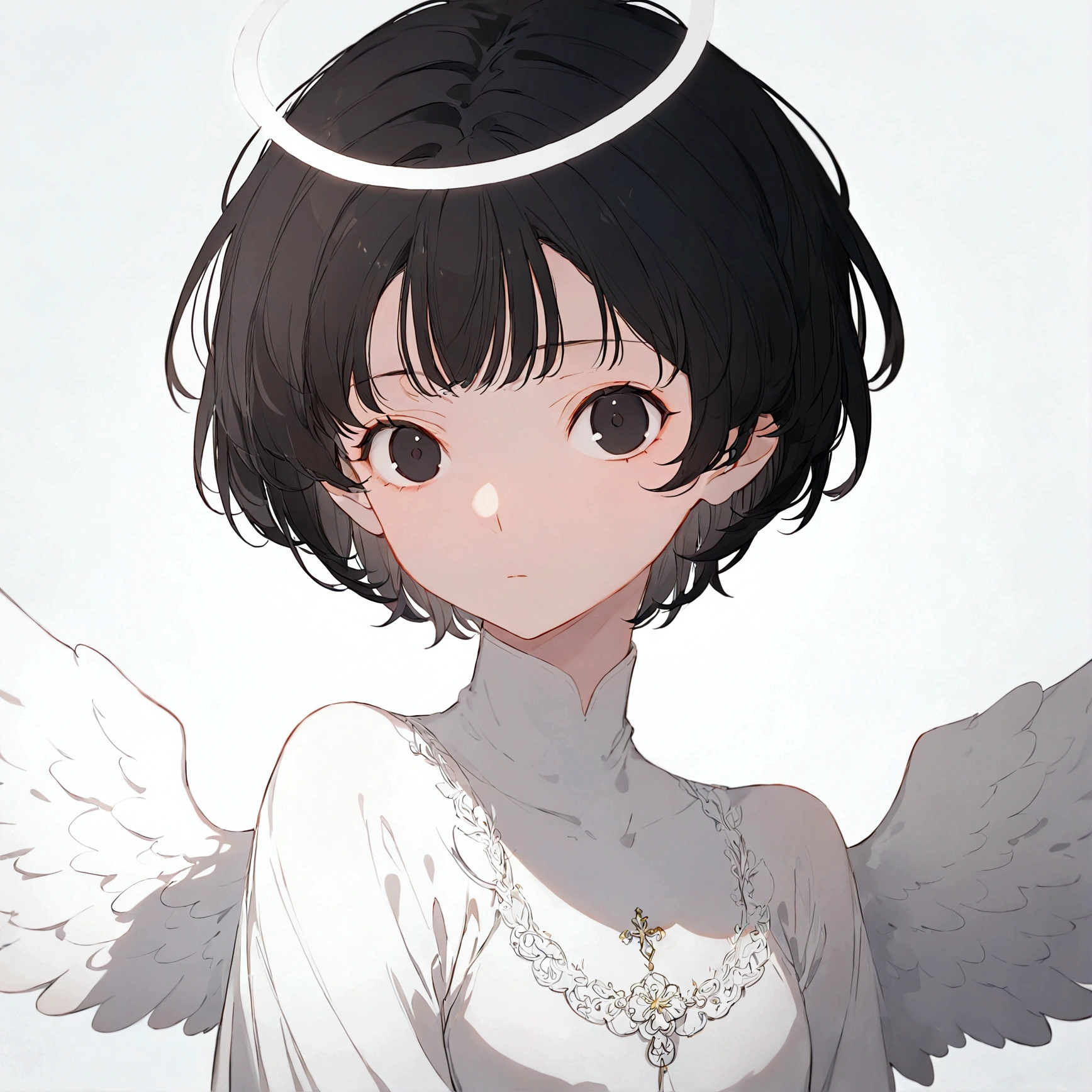 Black Hair,short hair,black eye,Angel white wings,Angel Halo,White clothes,Gender unknown,Expressionless,No breasts,Thick Coating