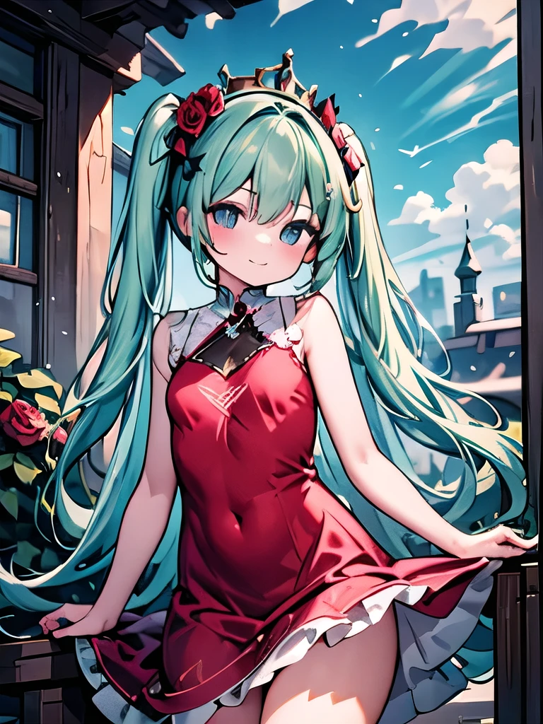 (masterpiece、highest quality、highest quality、Official Art、Beautiful and beautiful:1.2)、(One girl:1.3)Hatsune Miku、Twin tails,Beautiful breasts,(Best image quality, masterpiece:1.2), (Ultra high definition illustration), (Very beautiful mature queen:1.3), (Gorgeous sleeveless queen red dress with roses:1.3), Underarm, Mean face, Wicked Smile,
