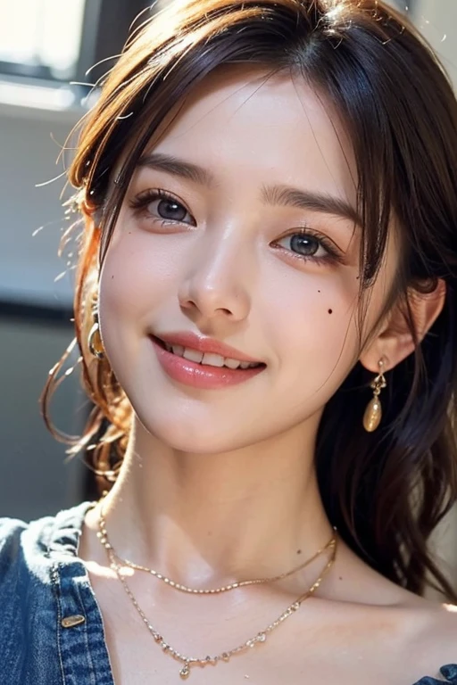 ((8k, highest quality, masterpiece、Realistic、Ultra-high resolution))、((Japanese women))、((Black Short Hair))、(Small breasts)、(((Eye corners are((one))mole)))、((Face is golden ratio))、Beautiful Face、Beautiful Eyes、Delicate face、Glamorous face、Beautiful face、Beautiful nose、Sexy face、Sexy lips,Wet hair、Well-textured skin、smile、((From the stomach up))、Two Block、Off the shoulder、Neat Tops、necklace、Earrings、looking at the camera、jeans