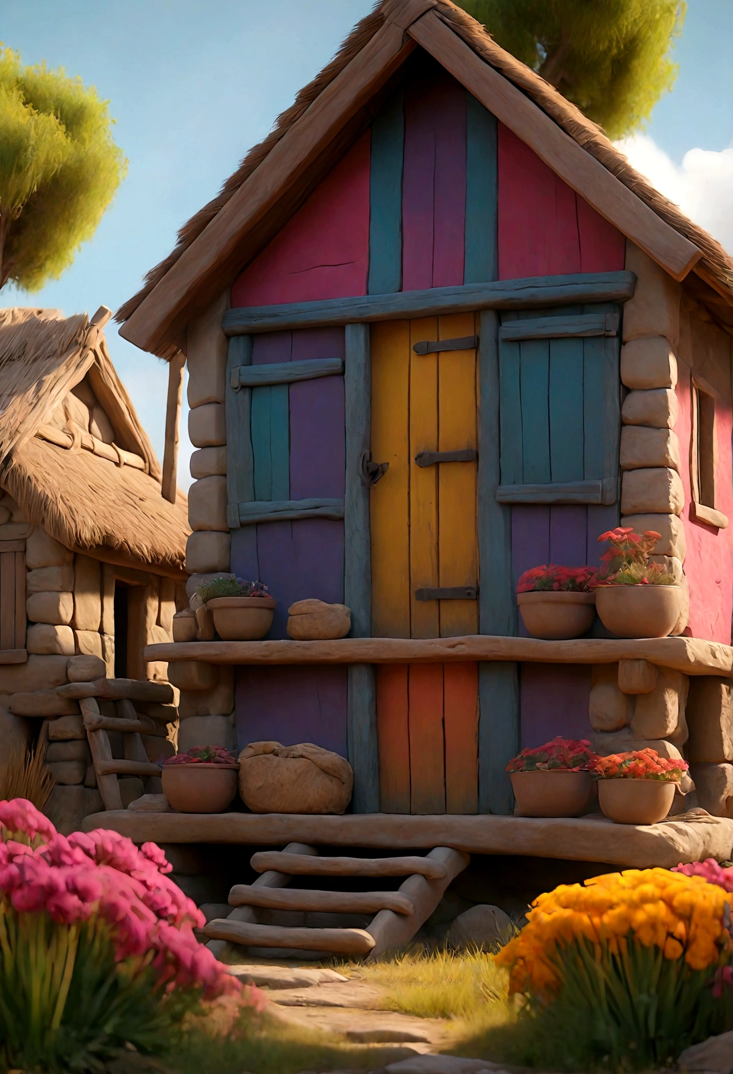 a colorful cabin, in the middle of an ancient village in the time of Jesus Christ, cinematic, hyperrealistic, 8k