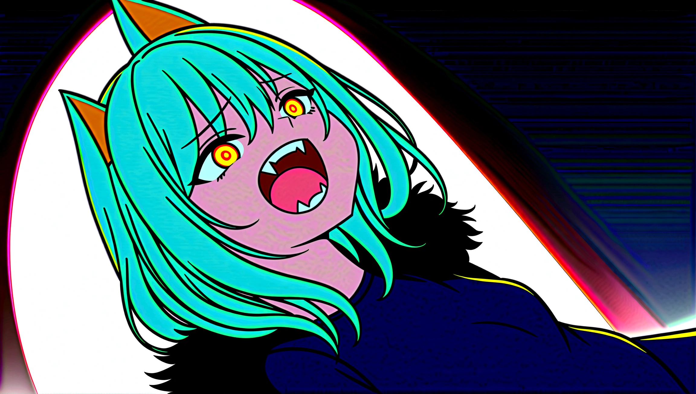 (masterpiece), (best quality), 1girl, perfect body, girl with fox ears, laugh, open mouth, fangs, red glowing eyes, cinematic