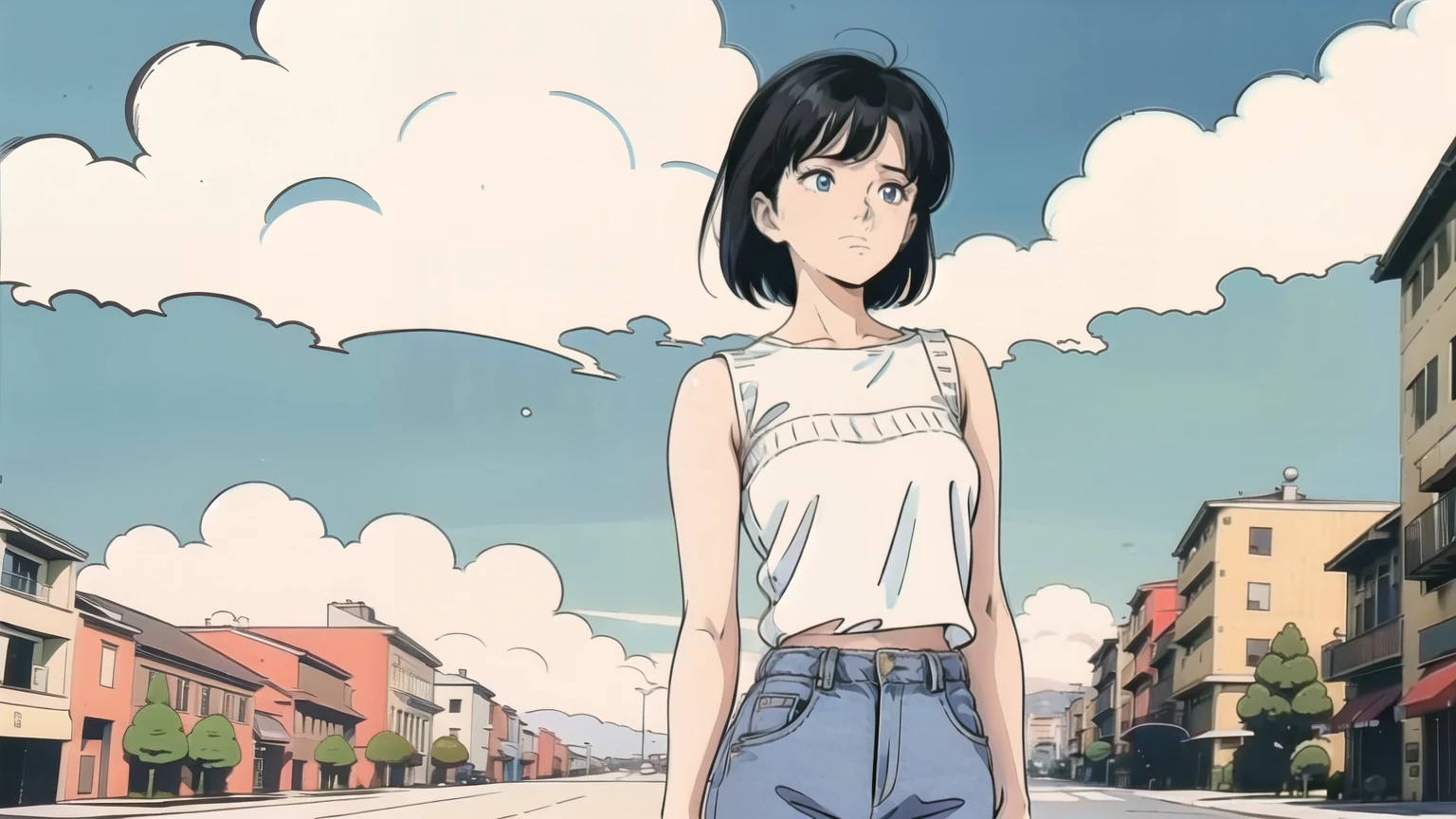 ((1980s_style)), naked, One girl, Upper Body, Black Short Hair, good, Denim shorts, Are standing, (Outdoor, Cityscape, building, street, blue sky, cloud), (Cowboy Shot),(masterpiece, high quality, 最high quality), (colorful),(Delicate eyes and face), Volumetric Light, Ray Tracing, Highly detailed CG Unity 8k wallpaper, alone.