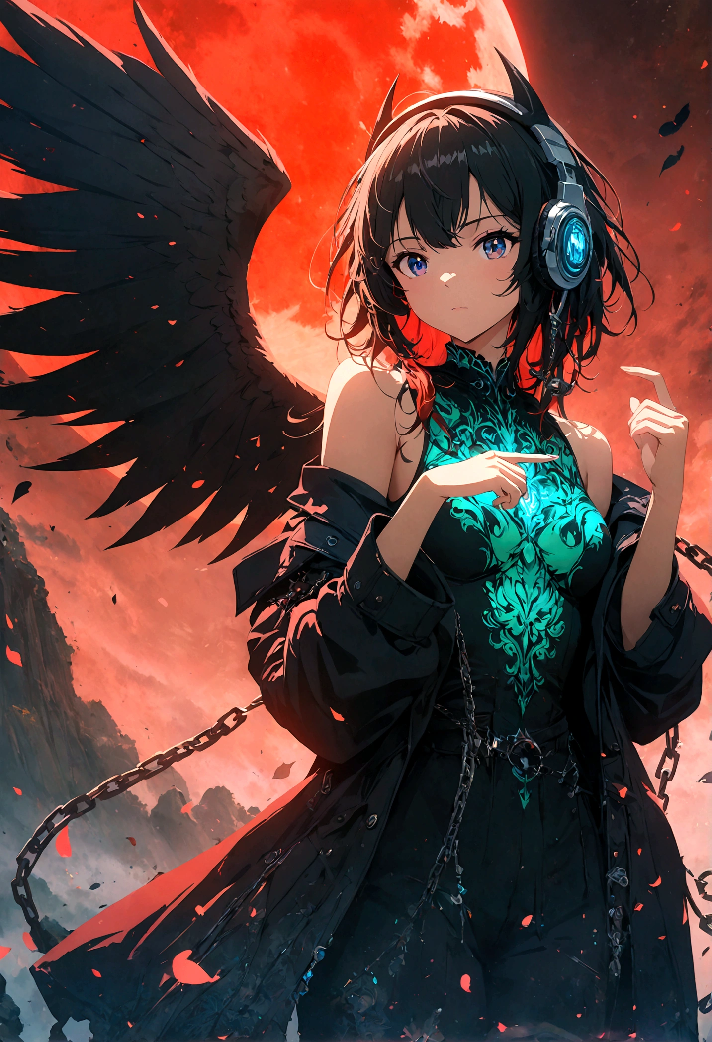 4k anime wallpaper, 4k anime wallpaper, Anime Art Wallpapers 8K, 4K Anime Style, anime art wallpaper 4k, anime art wallpaper 4k, 4k anime wallpaper, Eugeo Art, Detailed digital anime art, ((masterpiece, highest quality)), (Complex Light), Perfect hands, Normal finger, Hyper Detail, Bright colors.Fantasy manga style demon beautiful girl, silver hair, short, headphones, half wearing dark long coat, off the shoulder, black wings, chain, red moon, otherworldly painting.