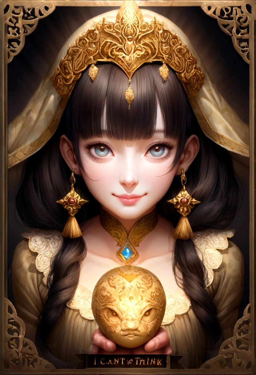 highest quality:1.5）、(Realistic:1.5)、(1 person:1.5)、Very detailed、finely、High resolution、8k wallpaper、Perfect dynamic composition、Small breasts、Natural color lip、Cute Smile、Japanese women、20-year-old girl、Beautiful and elaborate face、Perfect and beautiful face、Beautiful and exquisite、Big eyes、Brunette's eyes、Beautiful and elaborate face、Perfect and beautiful double eyelids、Natural Bangs、Beautiful thin nose、Beautiful Skin、Black natural hair、Long Hair、Natural Bangs、Perfect and beautiful face、Slim face and figure、(Looking into the camera)、Bright lighting、Professional Lighting、Front lighting、Natural smile、Beautiful clavicle、、fortune teller、Fortune-telling attire、Gold embroidery、purple、Dazzling、Tarot、crystal、Tiara on head、Big earrings、mysterious、Gorgeous、fortune tellerに見える、Gorgeousなネックレス、race、Upper Body、So that it doesn&#39;t break、I can&#39;t think straight