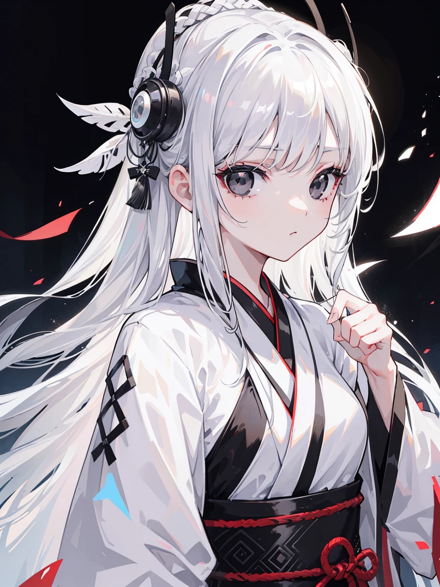 (Top image quality)、(Ultra Detailed)、(Facing forward)、top quality、masterpiece、(((1 girl)))、Silver Hair、white hair、((Long hair))、(black eyes:1.6)、(High-tech Hanfu)