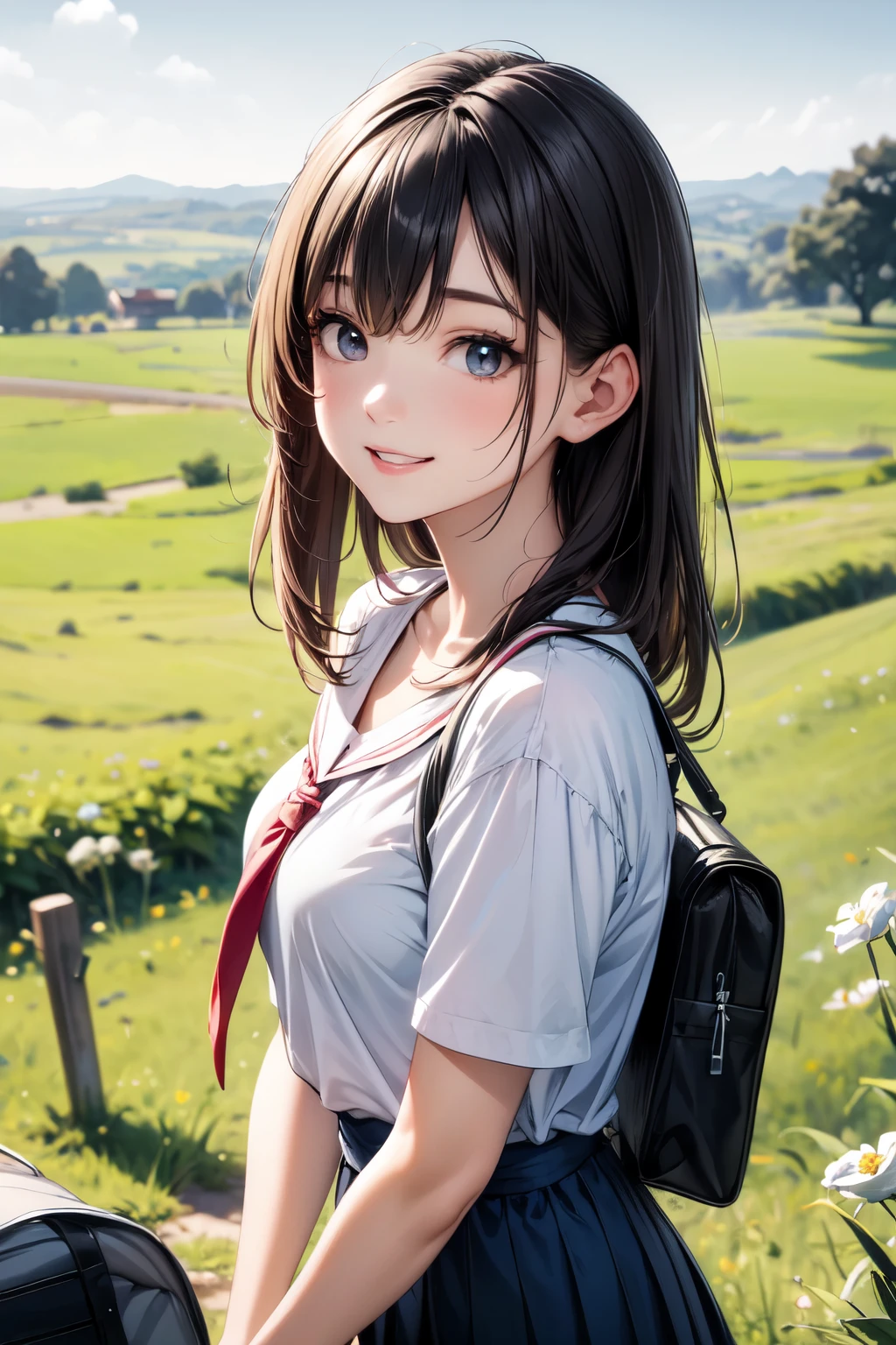 very cute and beautiful girl,(highly detailed beautiful face and eyes:1.2),(smile:1.25),happy,looking at viewer, black hair,serafuku,short sleeve,(pleated navyblue mini skirt),standing,holding school bag, countryside,hilltop,grassland,tiny flower field,distant ocean background, (best quality,masterpiece),absurdres,highres,ultra-detailed,extremely detailed,32k,8k resolution, intricate details,cinematic scene,detailed background,solo,dynamic angle,