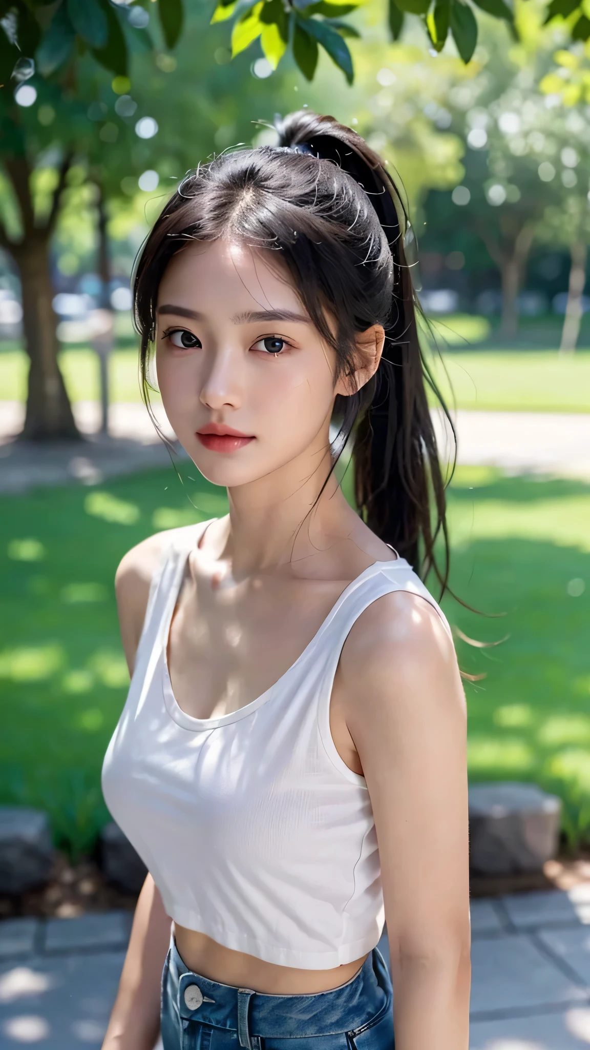 Leaning forward、A black bra is visible from her chest.、White collared shirt,jeans,outdoors,Urban Park,On the lawn,One woman,close up face,fully body photo,masutepiece, The highest image quality, High quality, the background is clear,Beautiful woman, Japanese, Detailed, Ultra-detailed, finely detail, hight resolution, 8K Wallpaper, Perfect dynamic composition, Beautiful detailed eyes ,Detailed eyes, Detailed skin, Beautiful skin, 超hight resolution, (reality: 1.4),Very beautiful woman, Slightly younger face, Beautiful skin, slender, (Ultra photo realsisim), (hight resolution), (8K), (Very detailed) (beautifully detailed eyes), (super detailed), (Detailed face), view the viewer, Fine details, Detailed face, Staring straight ahead, Staring straight ahead, photos realistic, Bright lighting, Professional Lighting, Black hair,poneyTail,a baby face,,Hairstyle: ponytail,Long ponytail hairstyle,slight smile,