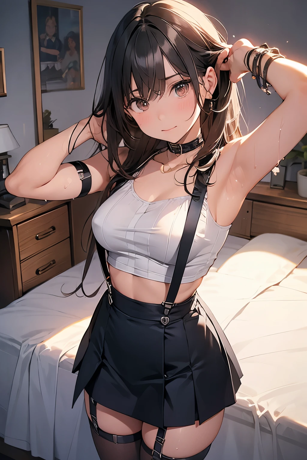 Gazing at the audience Black suspenders bulging big breasts wall mini skirt garterbelt garter vision Small face holster Beautiful woman Show me your hands Lying in bed vision Taunt ~ side ~ side汗 arm belt summer Armpit sweat