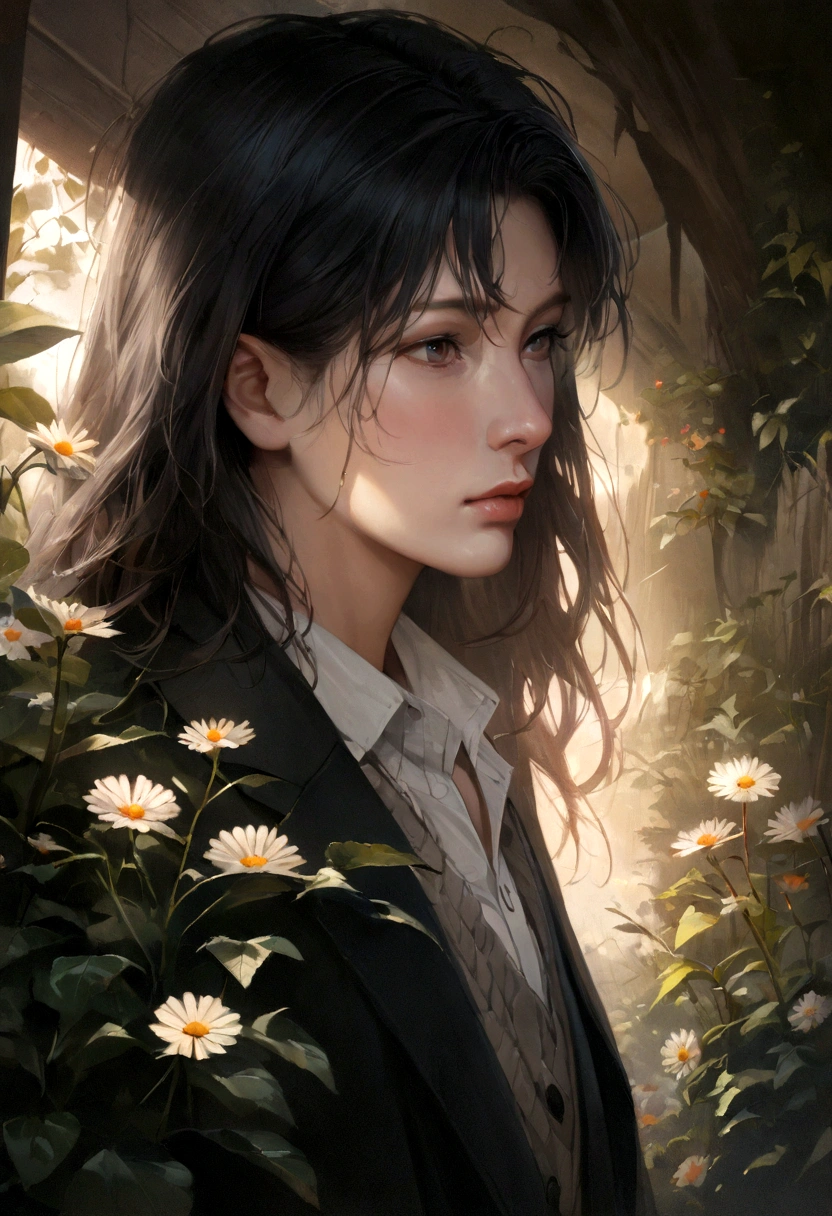 (best quality, 4K, 8K, yes, high resolution, masterpiece:1.2), very detailed, (realistic, realistic, realistic:1.37), (Crazy level of detail:1.5), (full bloom:1.5), (solitude), Gray eyes, (painting:1.1), (digital painting:1.1), Detailed face and eyes, masterpiece, top quality, very detailed 사진:1, 8K, It blends naturally with the surrounding environment., vivid colors, sharp focus, complex eyes, (Create the illusion of depth), (Brushstrokes:1.1), (perfect execution:1.1), (masterpiece 품질), subtle lighting, (미묘한 painting자:1.1), 초realistic인 분위기, (dreamlike),(Male High School Student),(side).